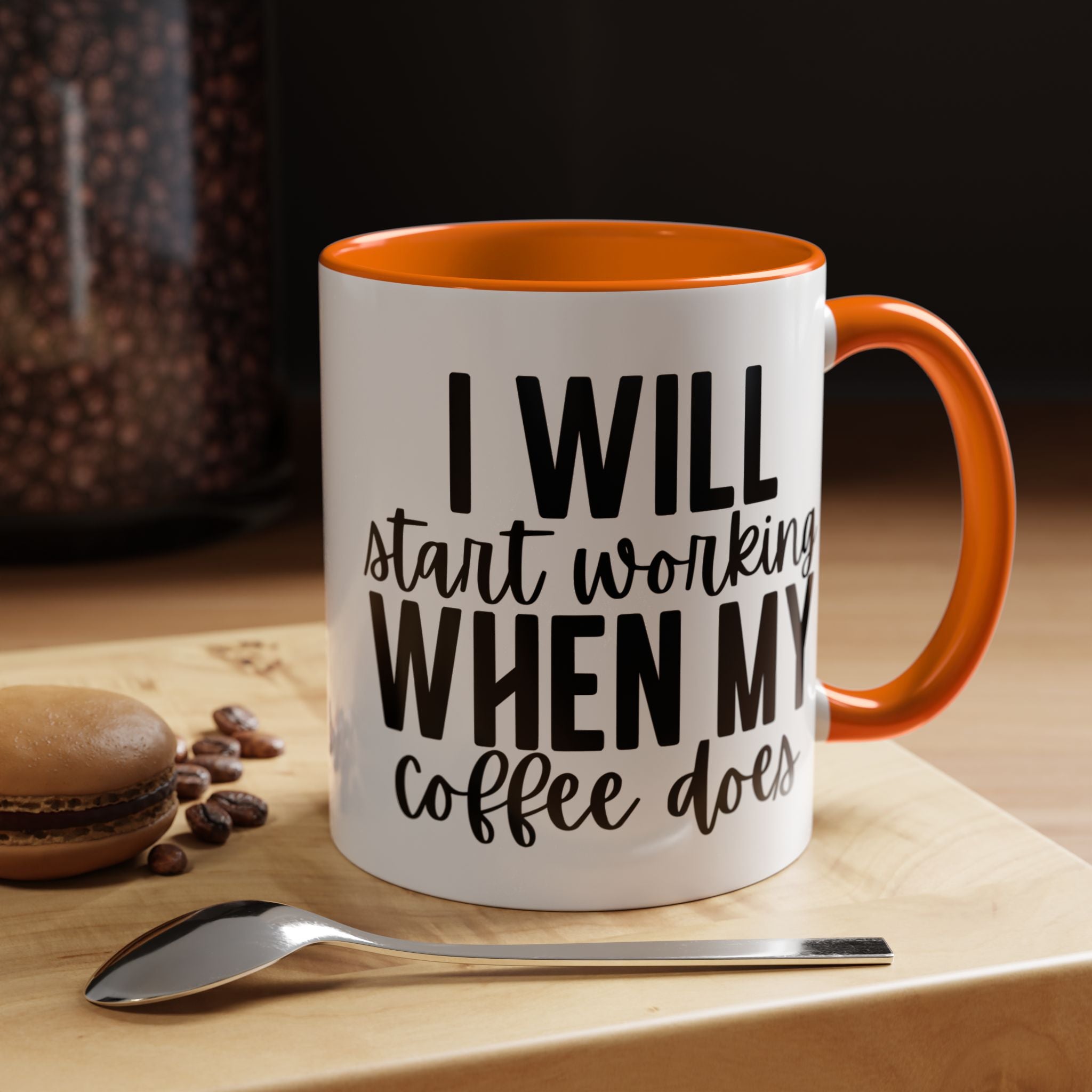 Funny Coffee Mug, Personalized Mug, I Will Start Working When My Coffee Does Accent Cup (11, 15oz), Gift Under 20, White Elephant