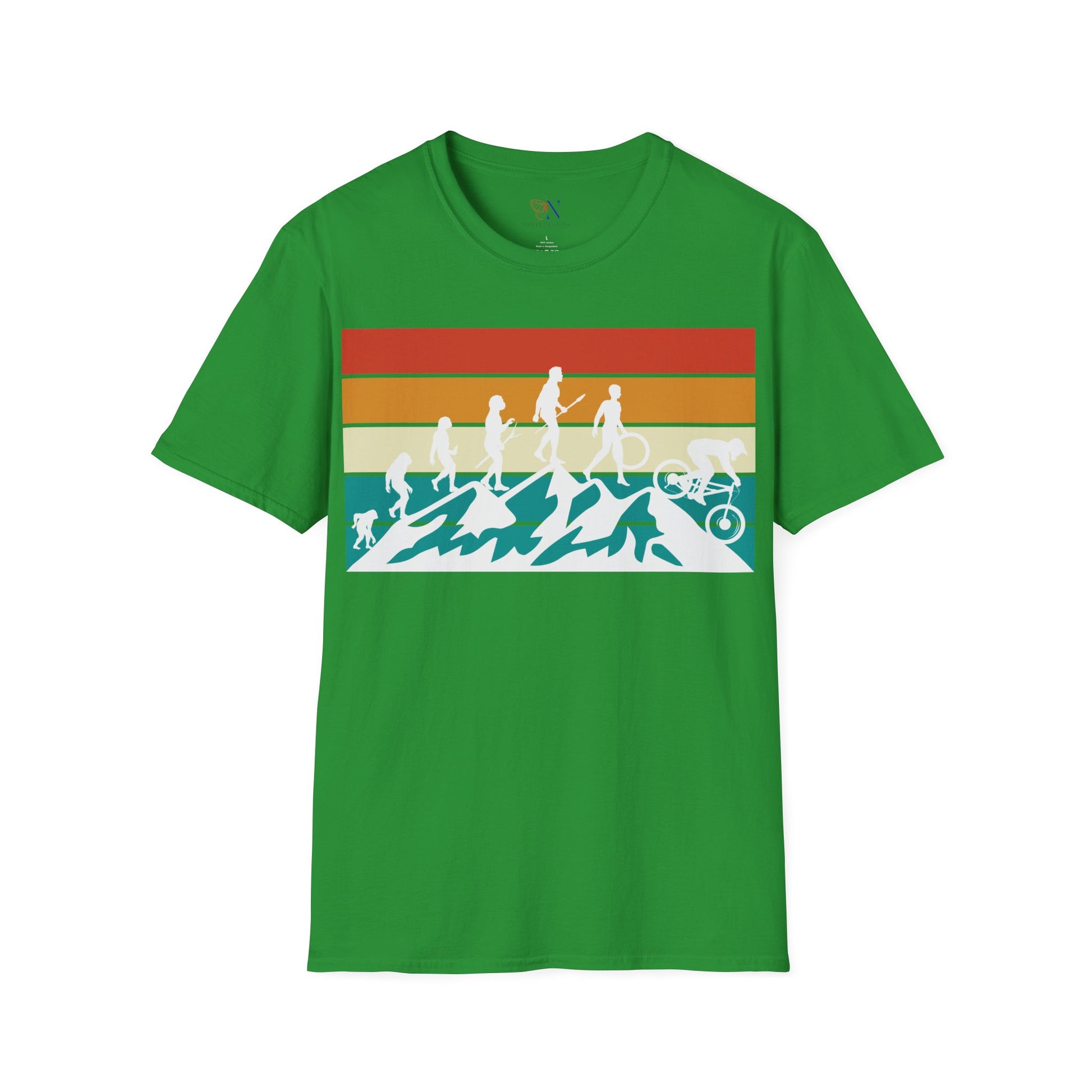 Green mountain biking retro t-shirt with evolution graphic for cyclists and bike lovers.