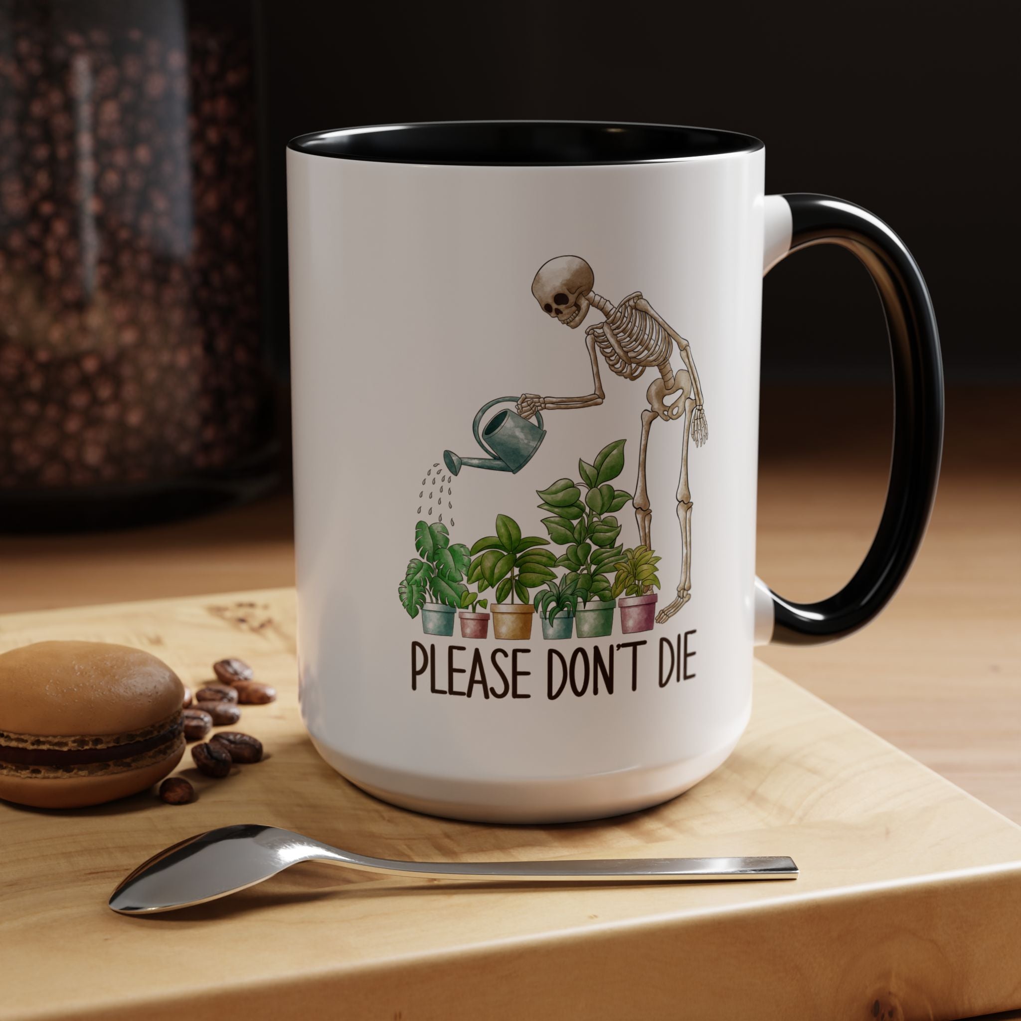 Funny Coffee Mug, Personalized Mug, Skeleton Watering Plants Saying Please Don't Die,  Accent Cup (11, 15oz), Gift Under 20, White Elephant
