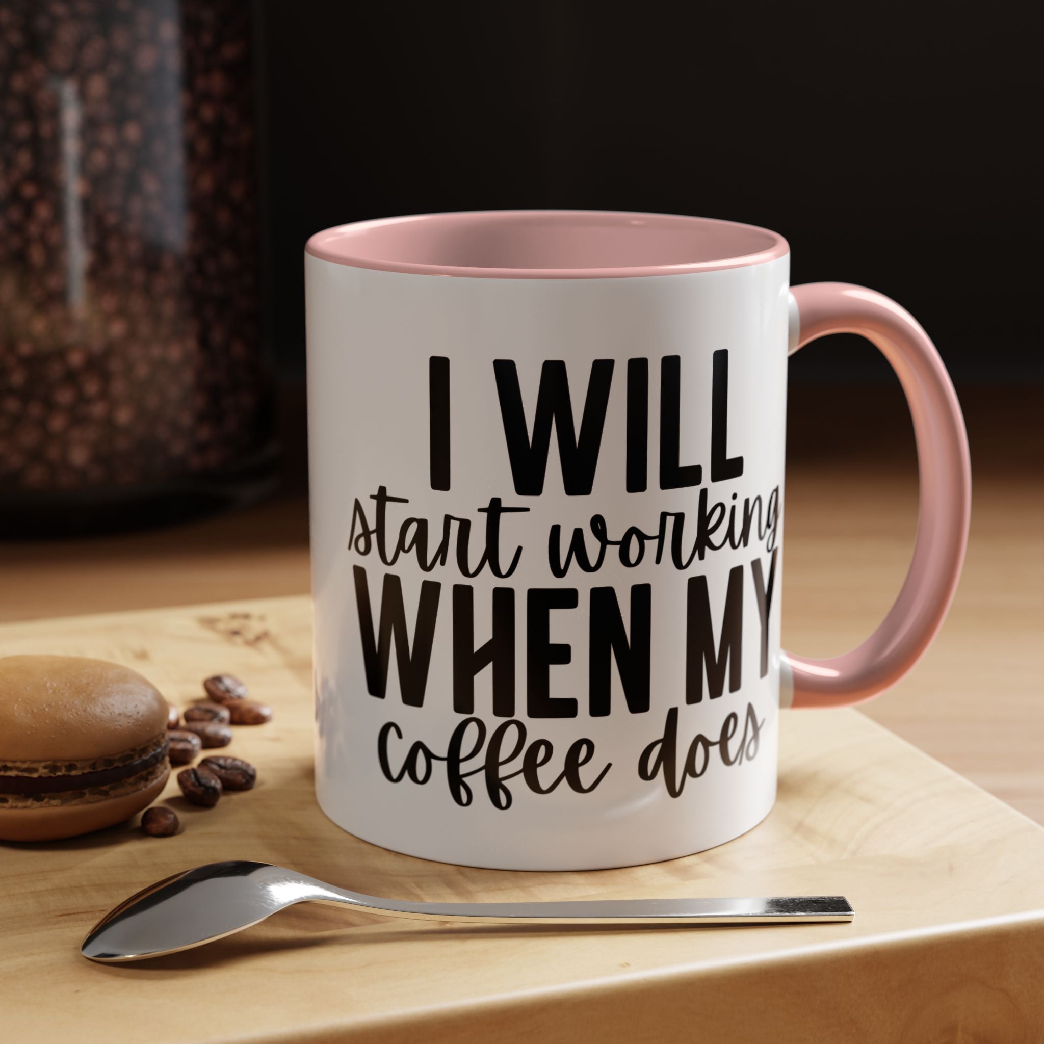 Funny Coffee Mug, Personalized Mug, I Will Start Working When My Coffee Does Accent Cup (11, 15oz), Gift Under 20, White Elephant