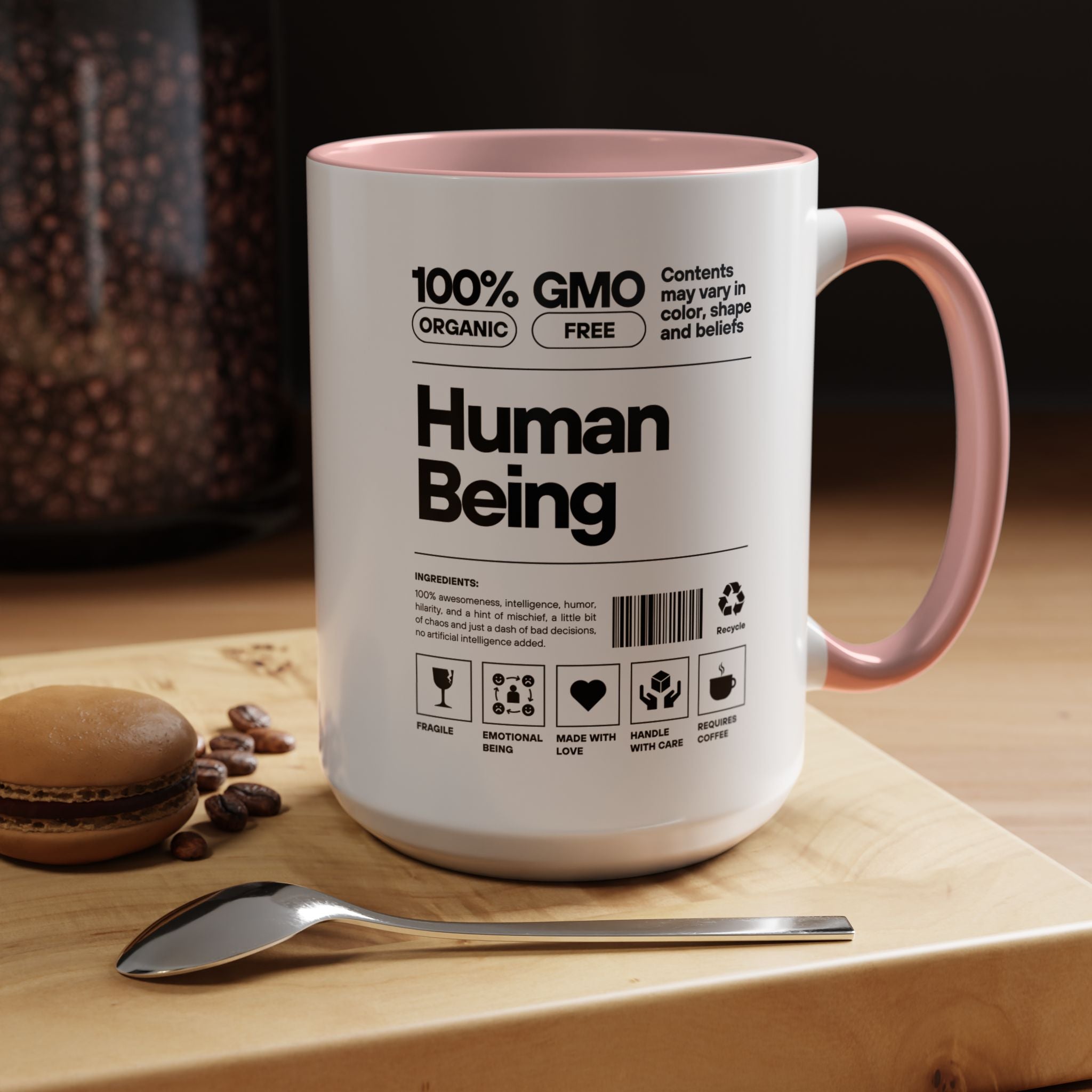 Personalized Mug, Human Being Nutrition Facts Accent Cup (11, 15oz), Gift Under 20, White Elephant gift