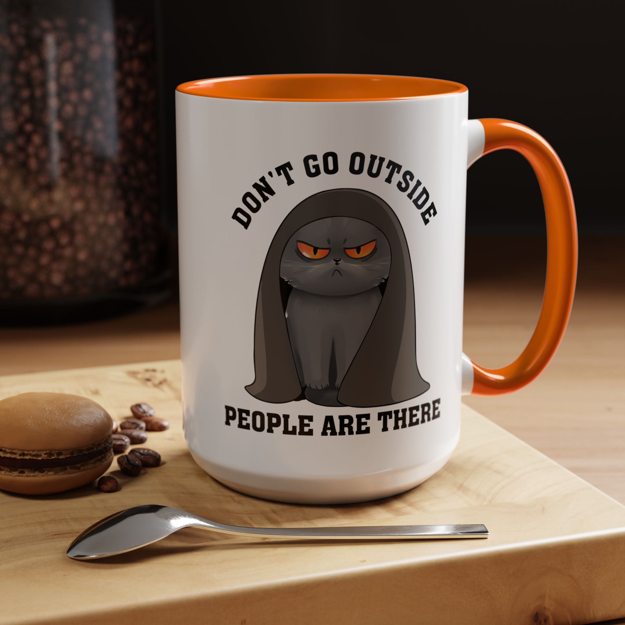 Funny Coffee Mug, Personalized Mug, Grumpy Cat Don't Go Outside People Are There Accent Cup (11, 15oz), Gift Under 20, White Elephant