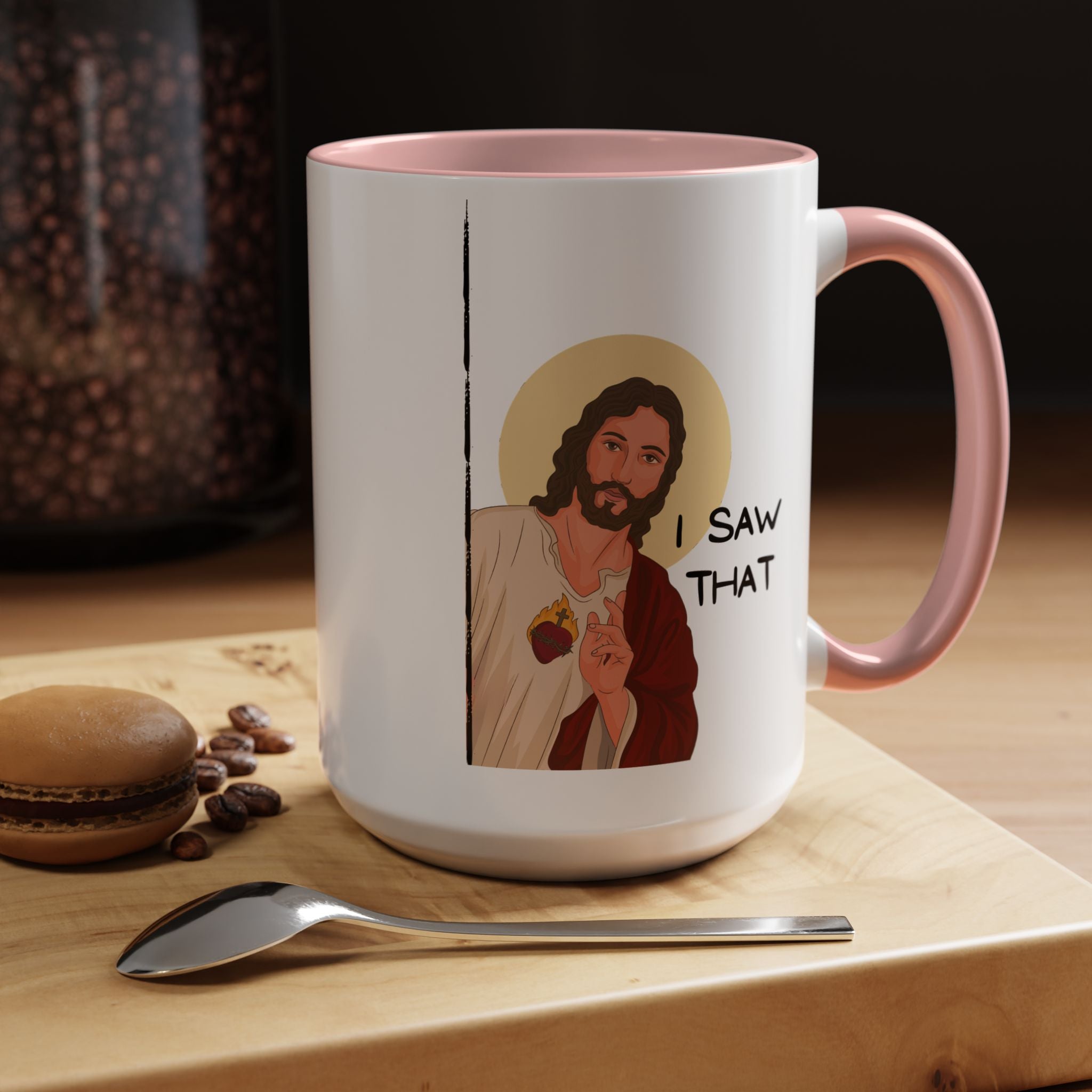 Peeking Jesus, I saw That Funny Coffee Mug, Personalized Mug, Accent Cup (11, 15oz), Gift Under 20, Gift for Atheist, faith based cup