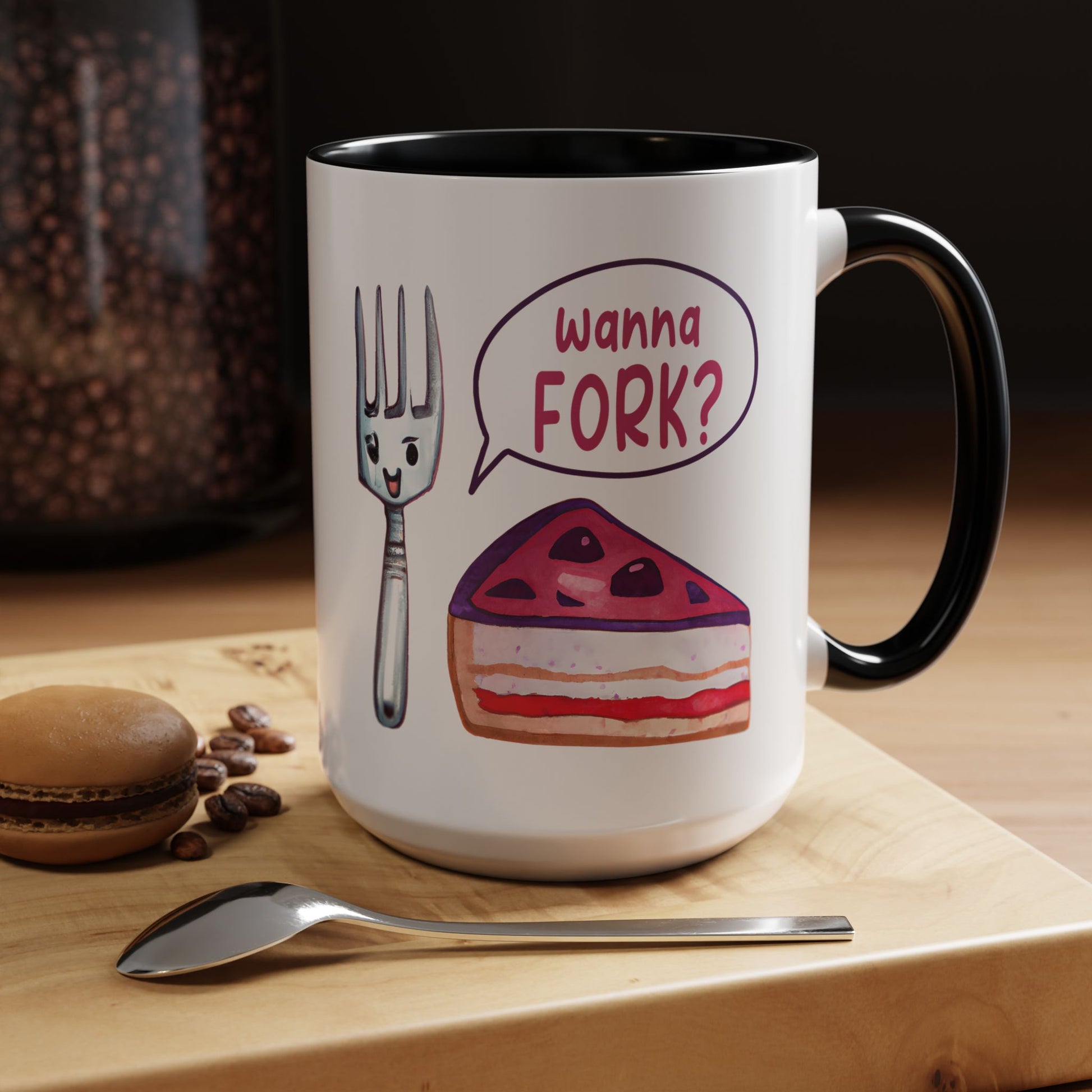 Wanna Fork? Cute Cake & Fork Illustration Mug Lifestyle Mockup | Nutty Designs