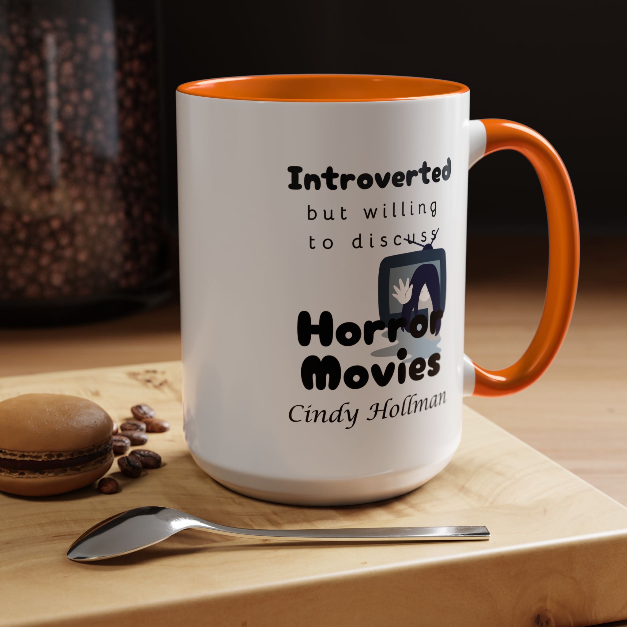 Introverted But Willing To Discuss Horror Movies Personalized Accent Coffee Mug (11 and 15oz)