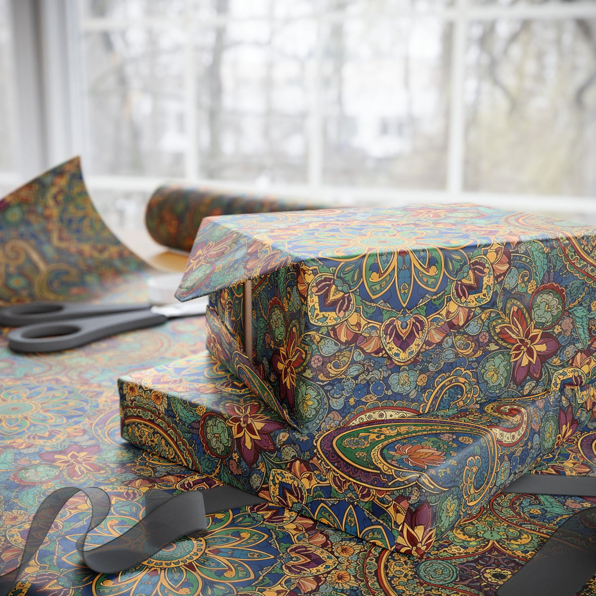 Diwali Wrapping Paper Roll - Vintage Jewel Paisley Indian Gift Wrap