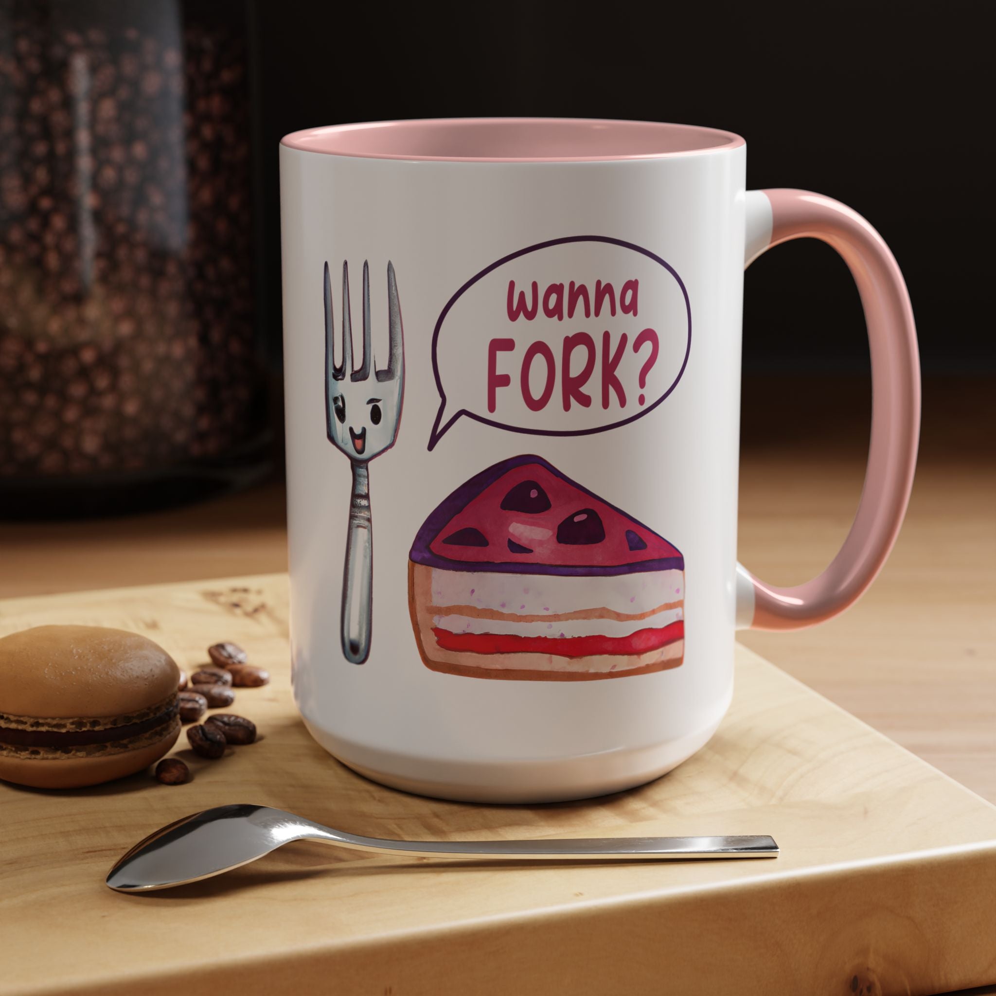 Wanna Fork? Cute Cake & Fork Illustration Mug Lifestyle Mockup | Nutty Designs