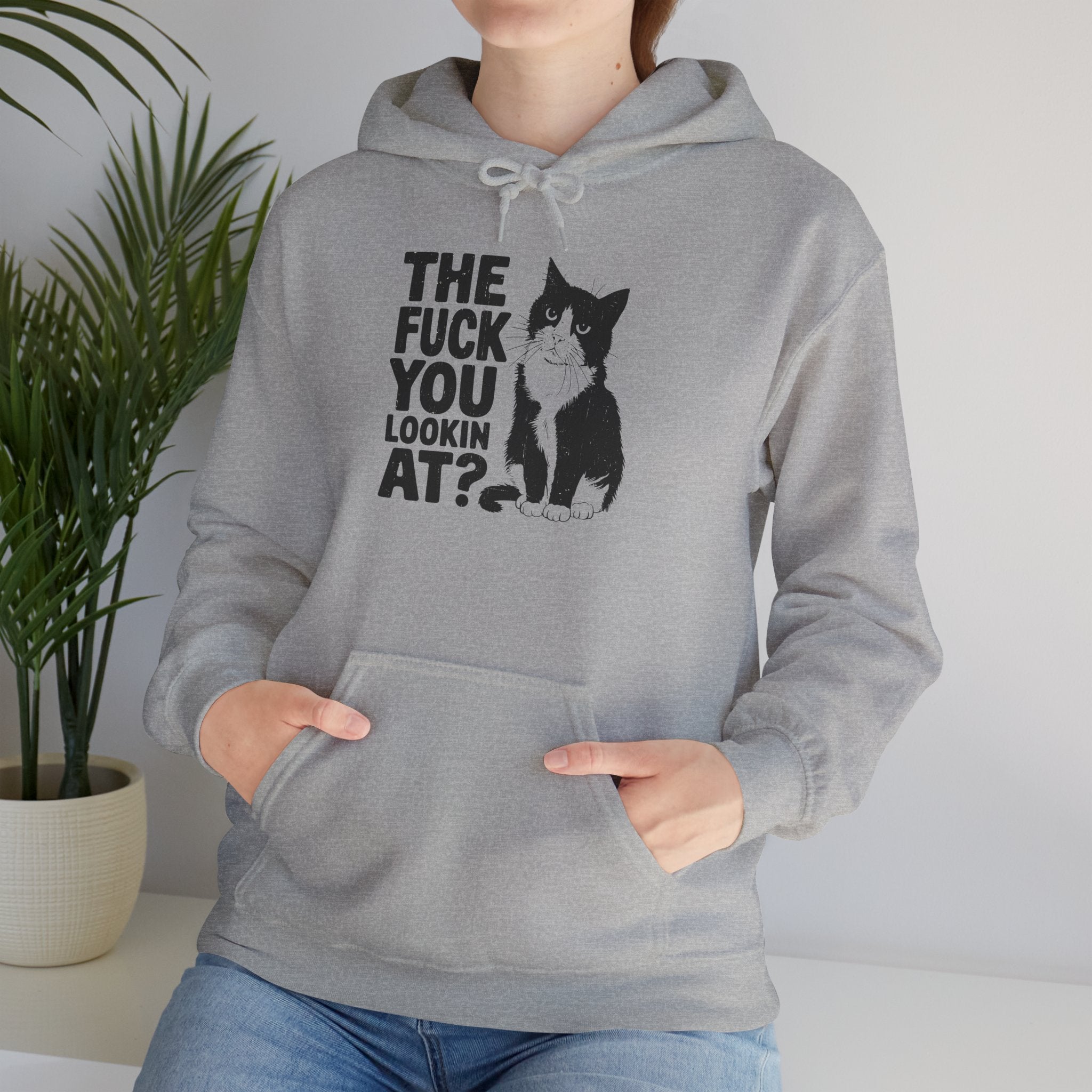 Graphic Hoodie — 'The Fuck You Lookin' At?' Cat Print Hooded Sweatshirt
