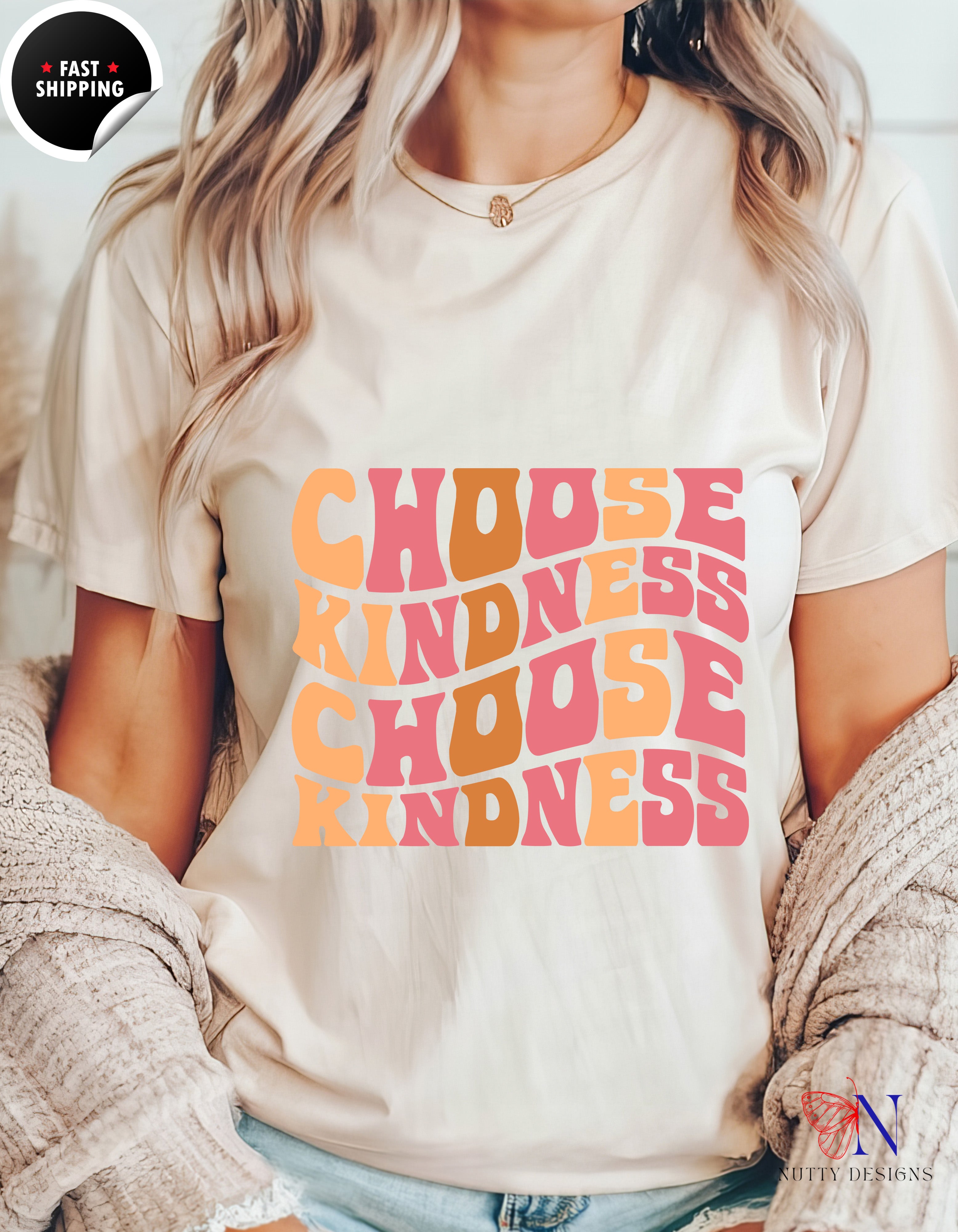 Groovy Choose Kindness Cotton T-Shirt Lifestyle Mockup | Nutty Designs