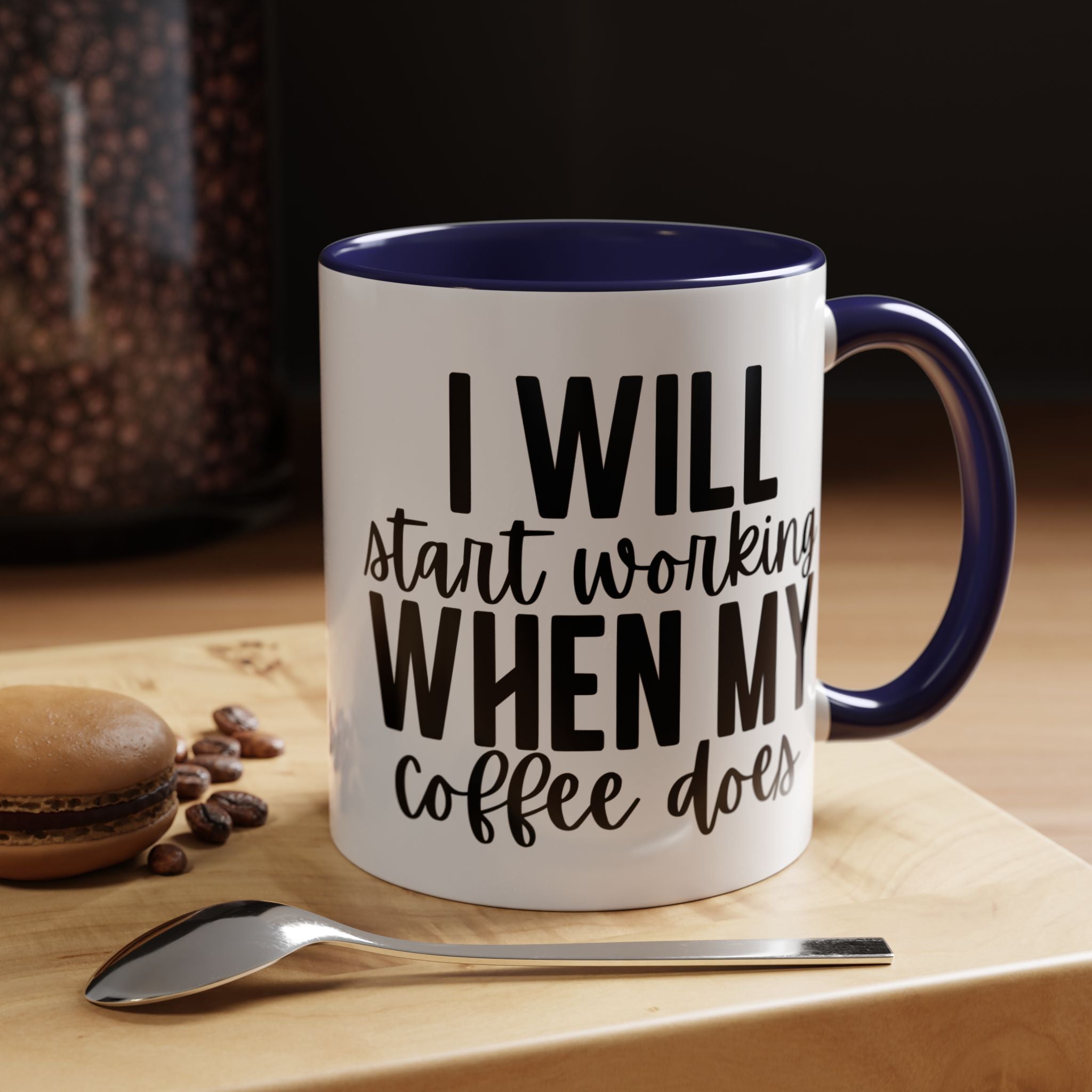 Funny Coffee Mug, Personalized Mug, I Will Start Working When My Coffee Does Accent Cup (11, 15oz), Gift Under 20, White Elephant