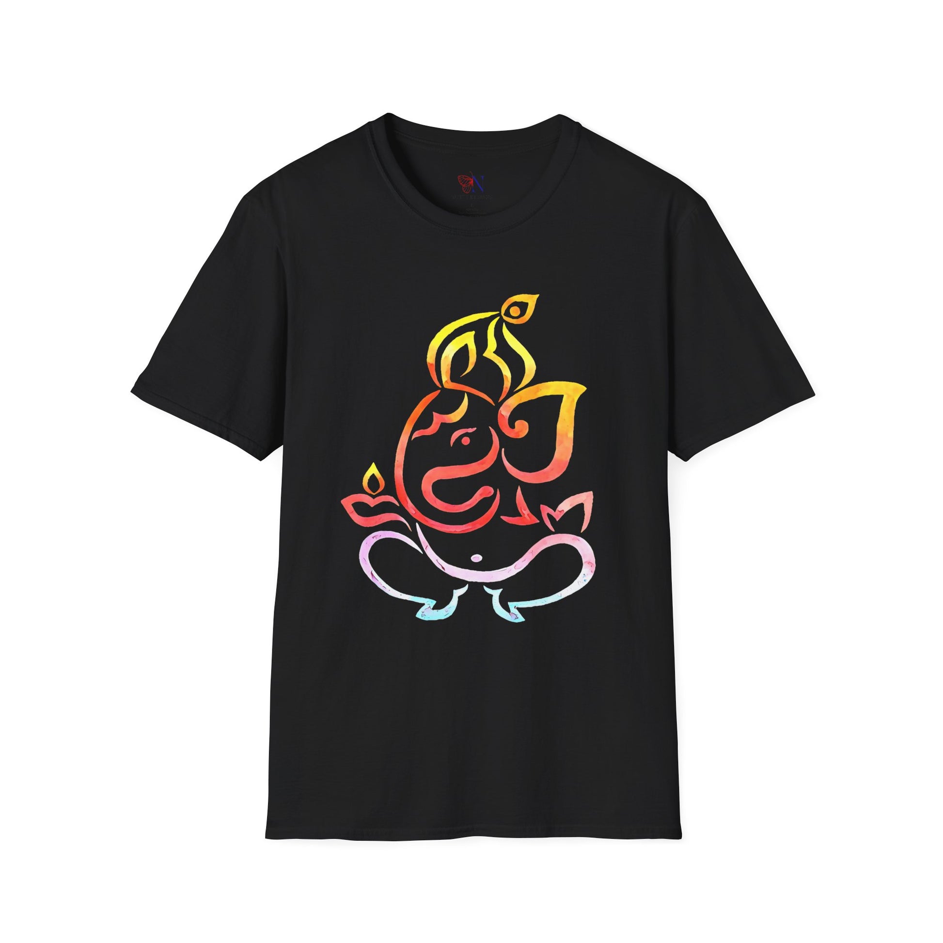 Colorful Ganesha graphic T-shirt with vibrant design on black fabric, perfect for casual wear and gifting.