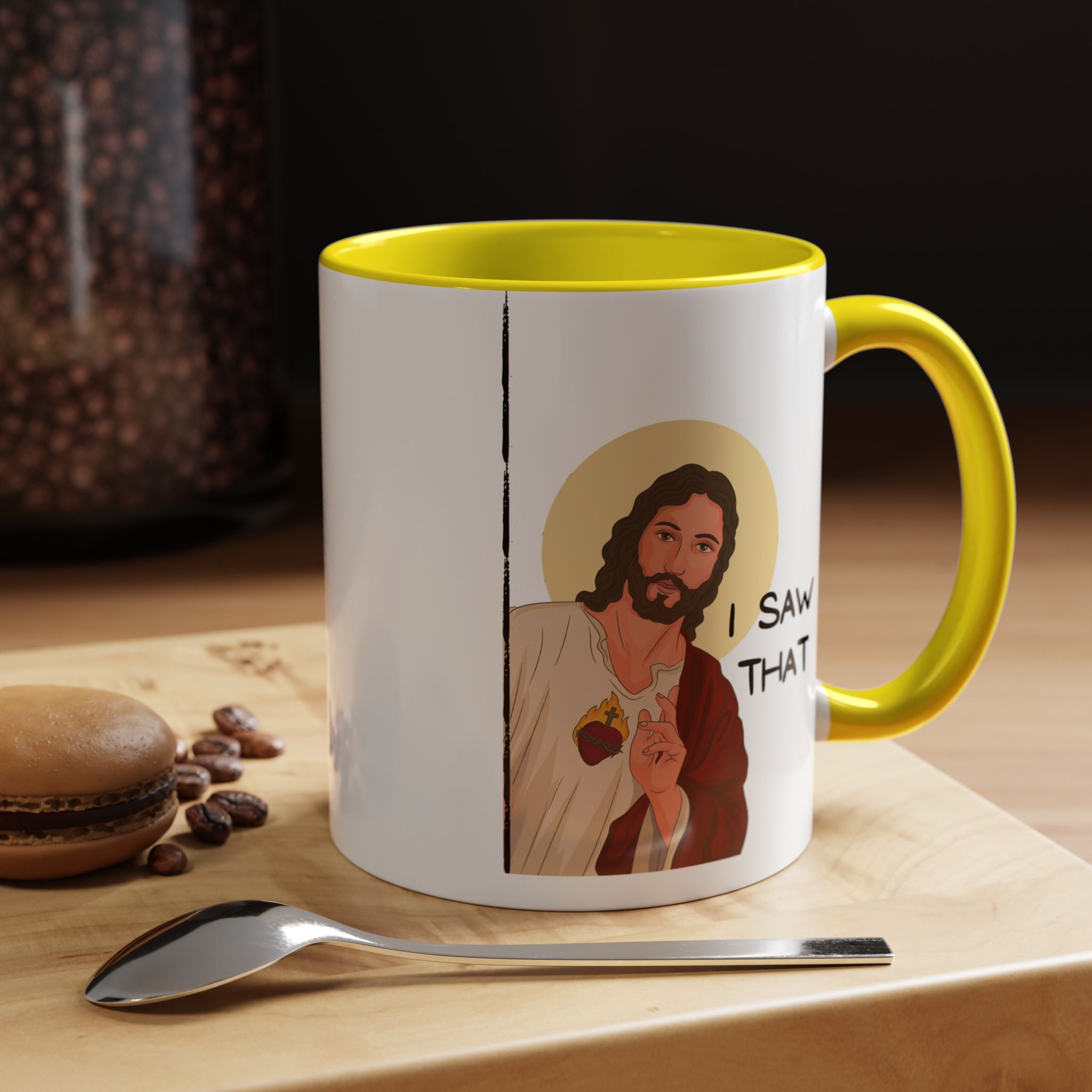 Peeking Jesus, I saw That Funny Coffee Mug, Personalized Mug, Accent Cup (11, 15oz), Gift Under 20, Gift for Atheist, faith based cup