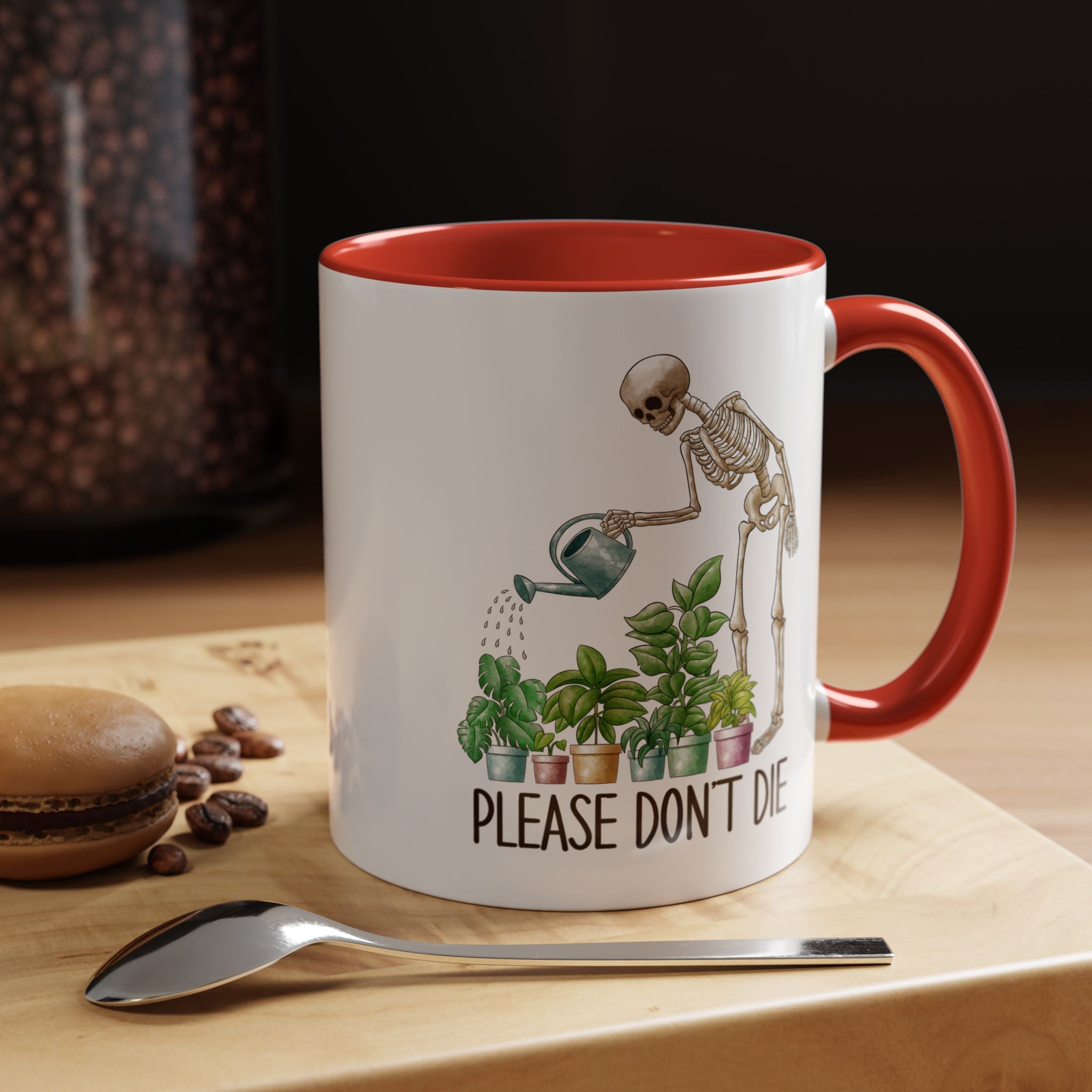 Funny Coffee Mug, Personalized Mug, Skeleton Watering Plants Saying Please Don't Die,  Accent Cup (11, 15oz), Gift Under 20, White Elephant
