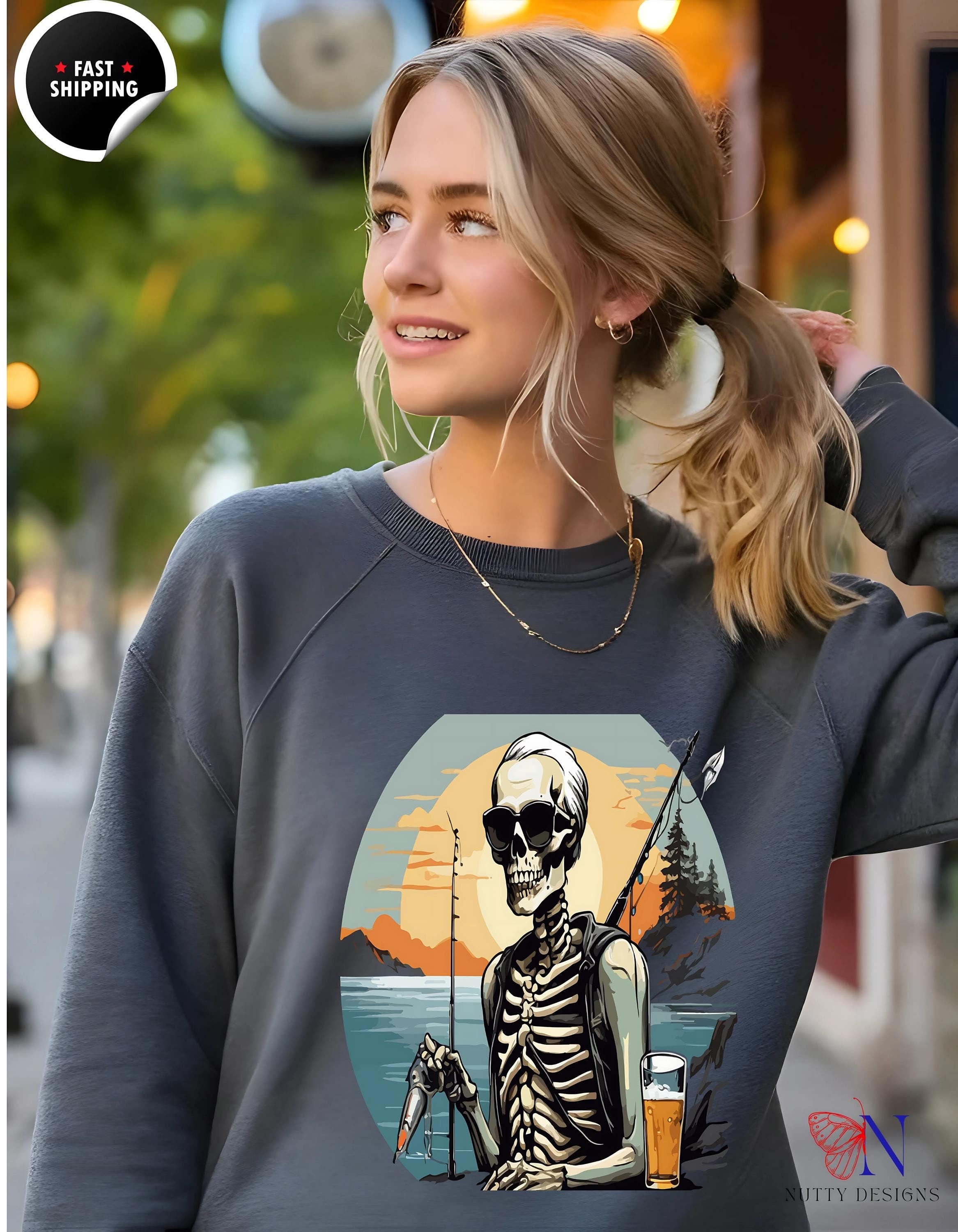 Skeleton Sweatshirt,  Skeleton Fishing & Having a Good Time with Fish and Beer Sweatshirt, Fun Gift for Fishermen