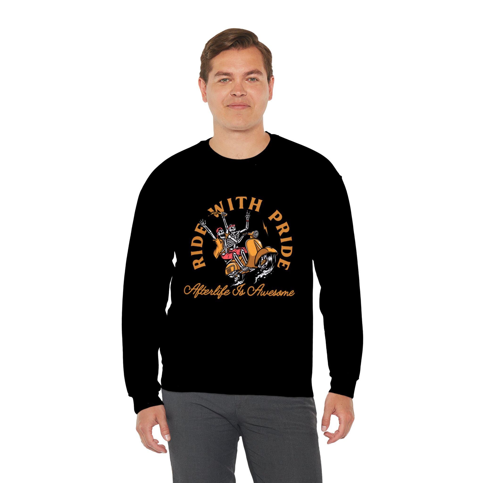 Ride With Pride Sweatshirt | Afterlife Is Awesome Skeleton | LGBTQ Funny Fall Autumn Diversity Apparel