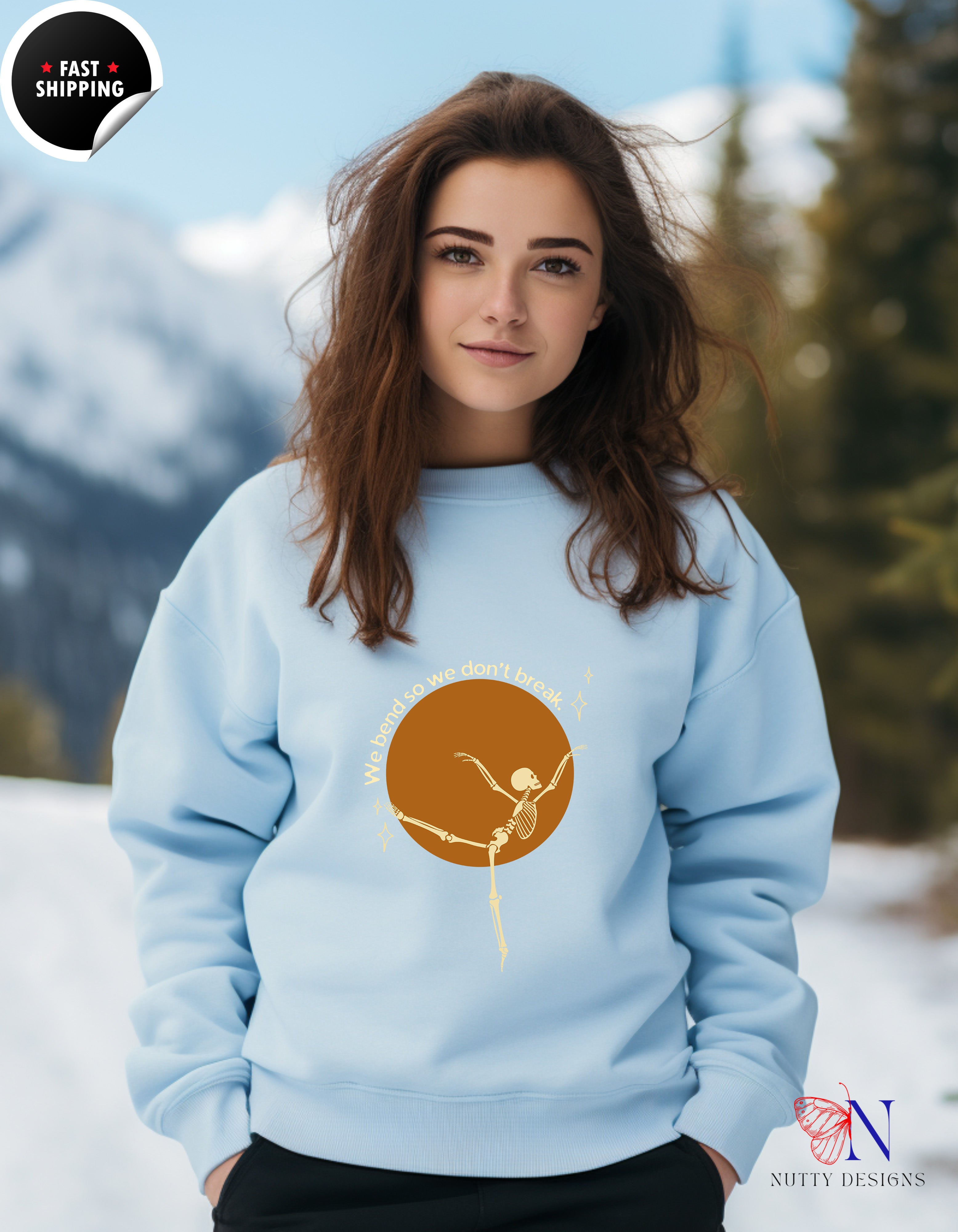 Funny Yoga T-Shirt - We Bend So We Don't Break Skeleton Tee