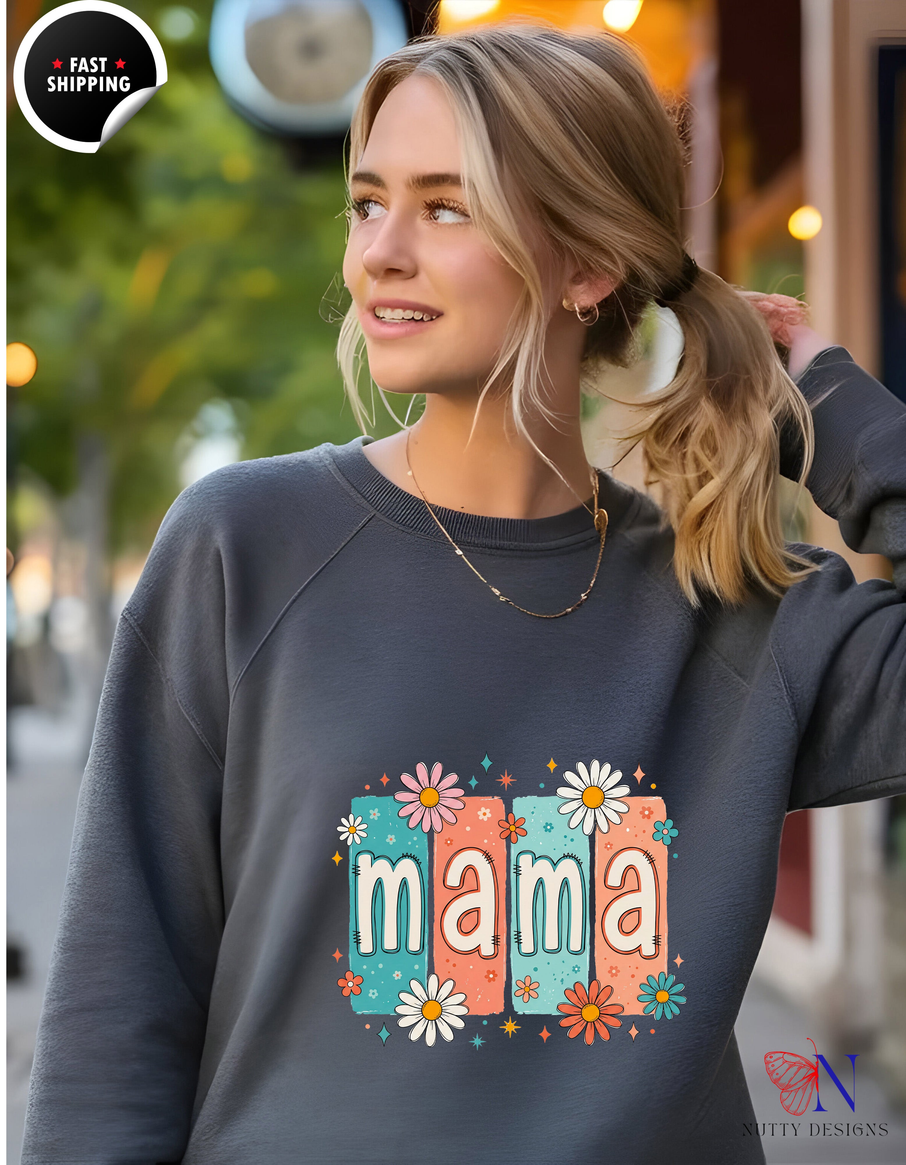 Retro Floral Mama Daisy hoodie lifestyle mockup - Mother's Day gift