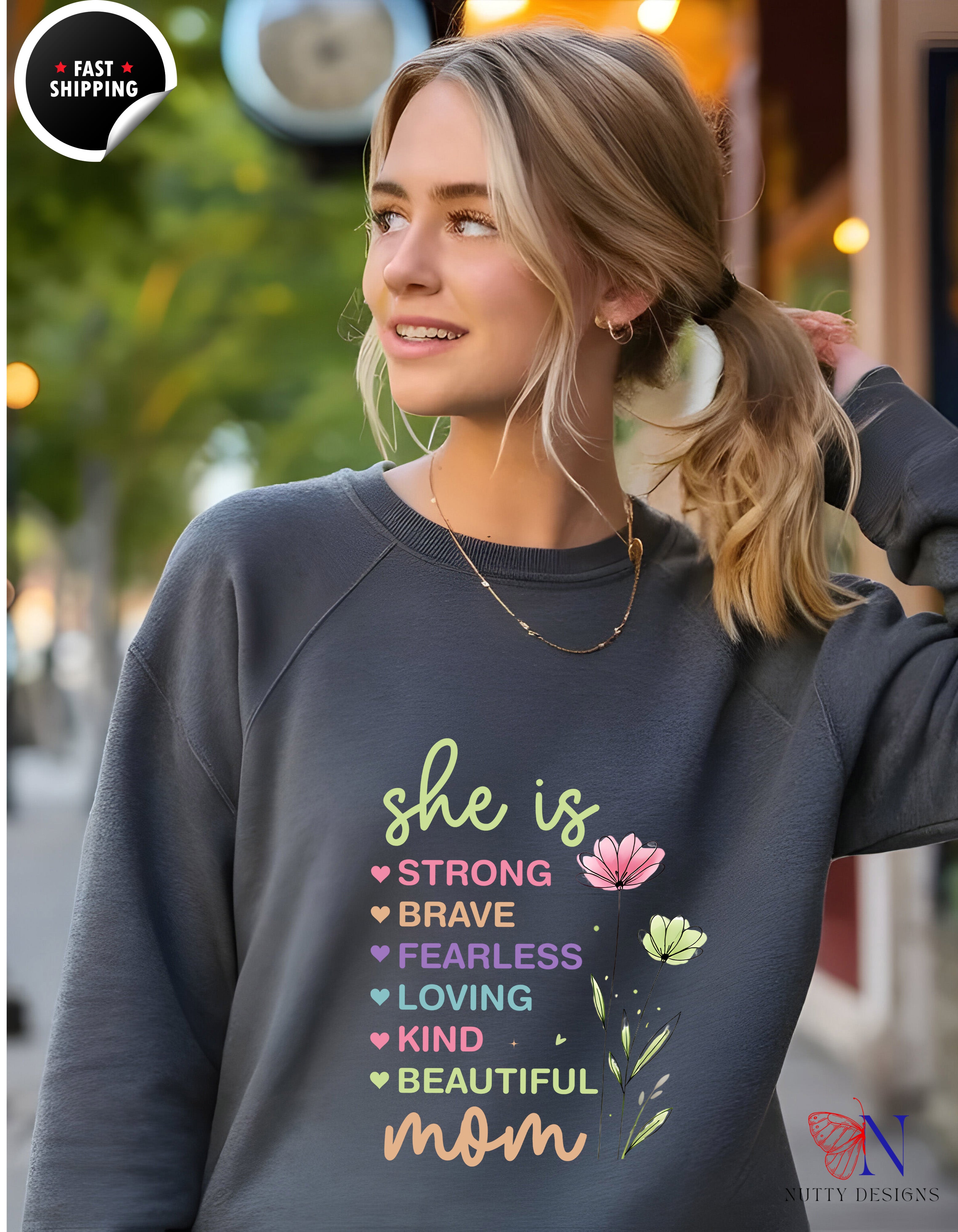 She Is Strong Mom Wildflower Garden hoodie lifestyle mockup - Mother's Day gift