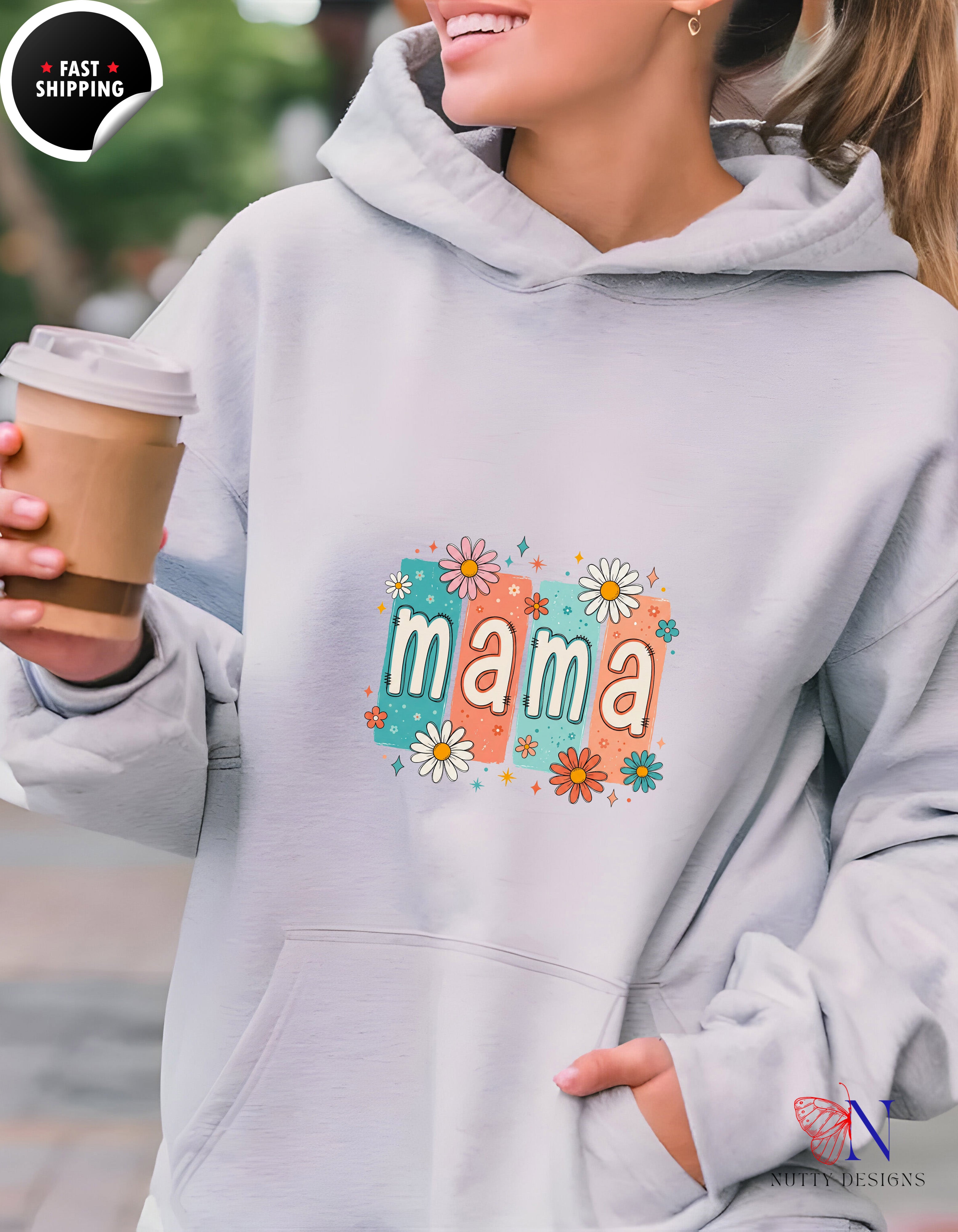 Retro Floral Mama Daisy hoodie lifestyle mockup - Mother's Day gift
