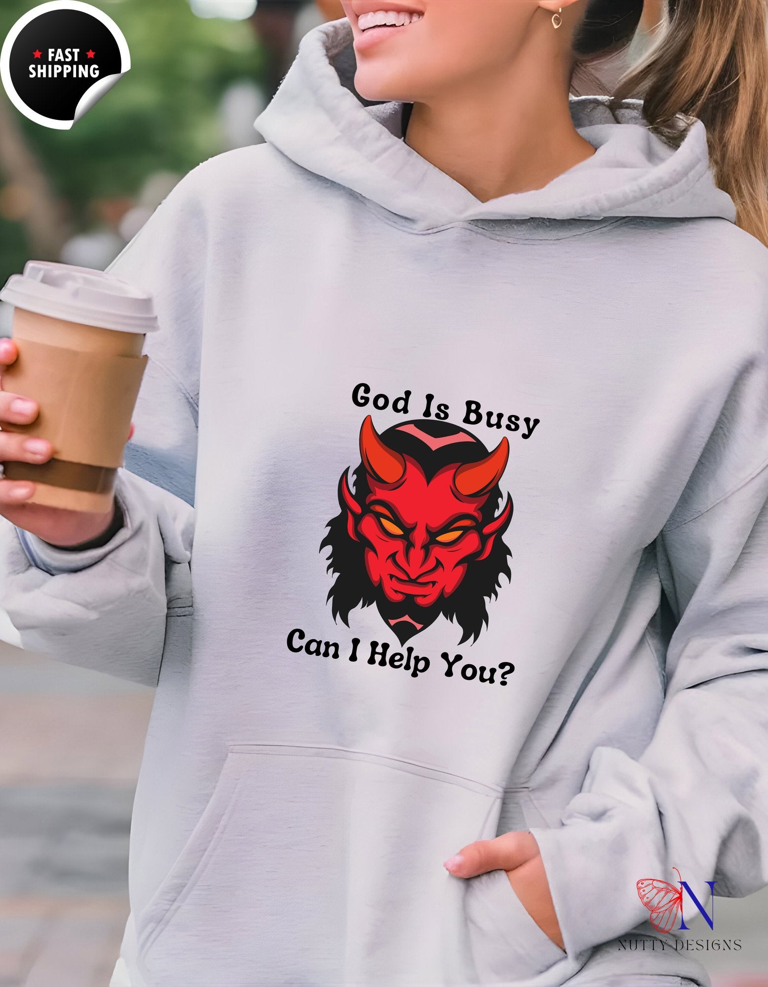 Heavy Blend™ Hooded God Is Busy Can I Help You? Sweatshirt - Hoodies-Sweatshirts_Grey Hoodie