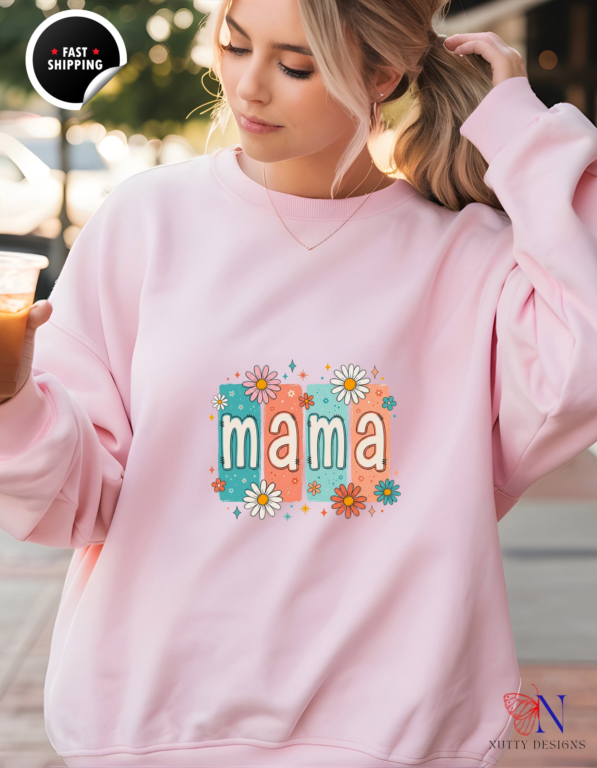 Retro Floral Mama Daisy hoodie lifestyle mockup - Mother's Day gift