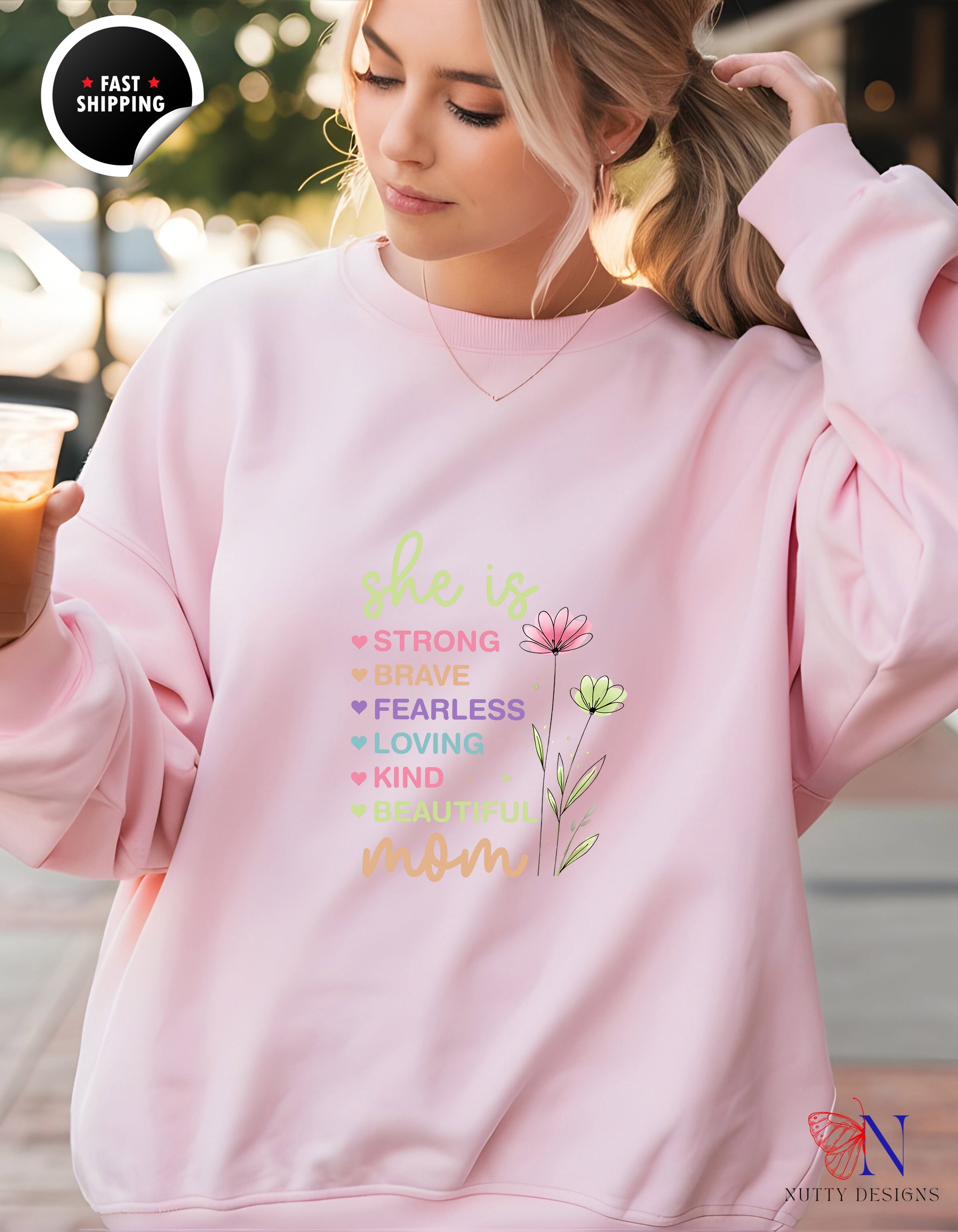She Is Strong Mom Wildflower Garden hoodie lifestyle mockup - Mother's Day gift