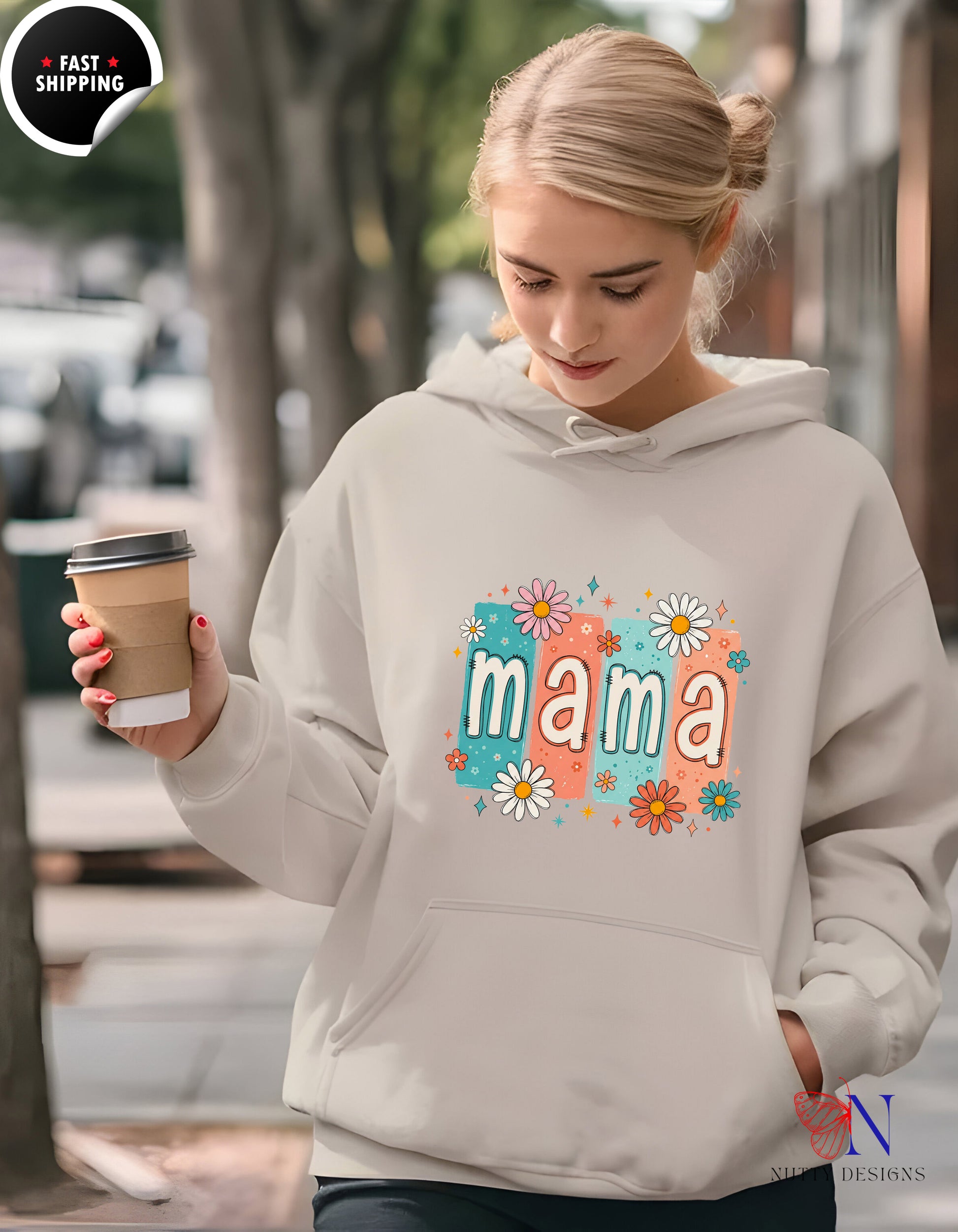 Retro Floral Mama Daisy hoodie lifestyle mockup - Mother's Day gift