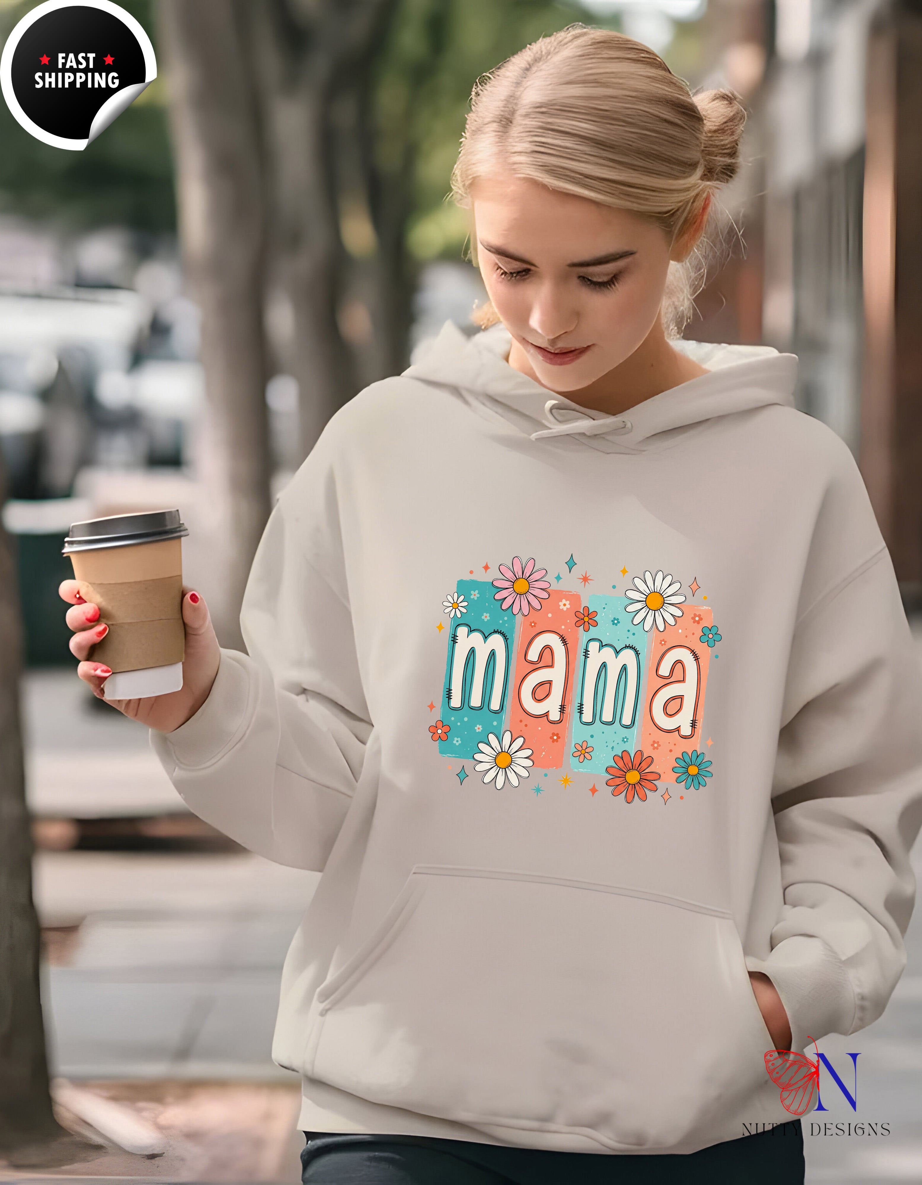 Retro Floral Mama Daisy hoodie lifestyle mockup - Mother's Day gift