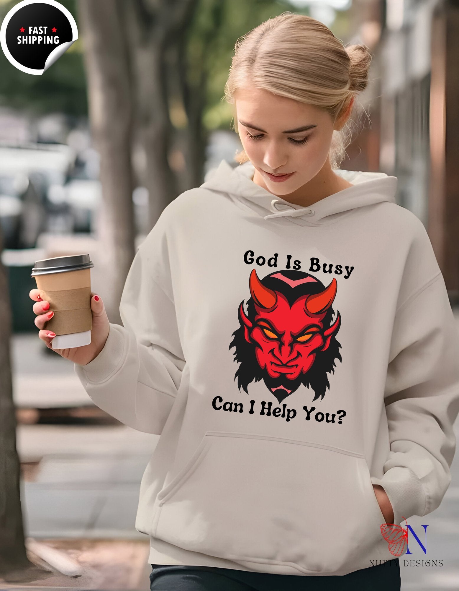 Heavy Blend™ Hooded God Is Busy Can I Help You? Sweatshirt - Hoodies-Sweatshirts_Sand Hoodie