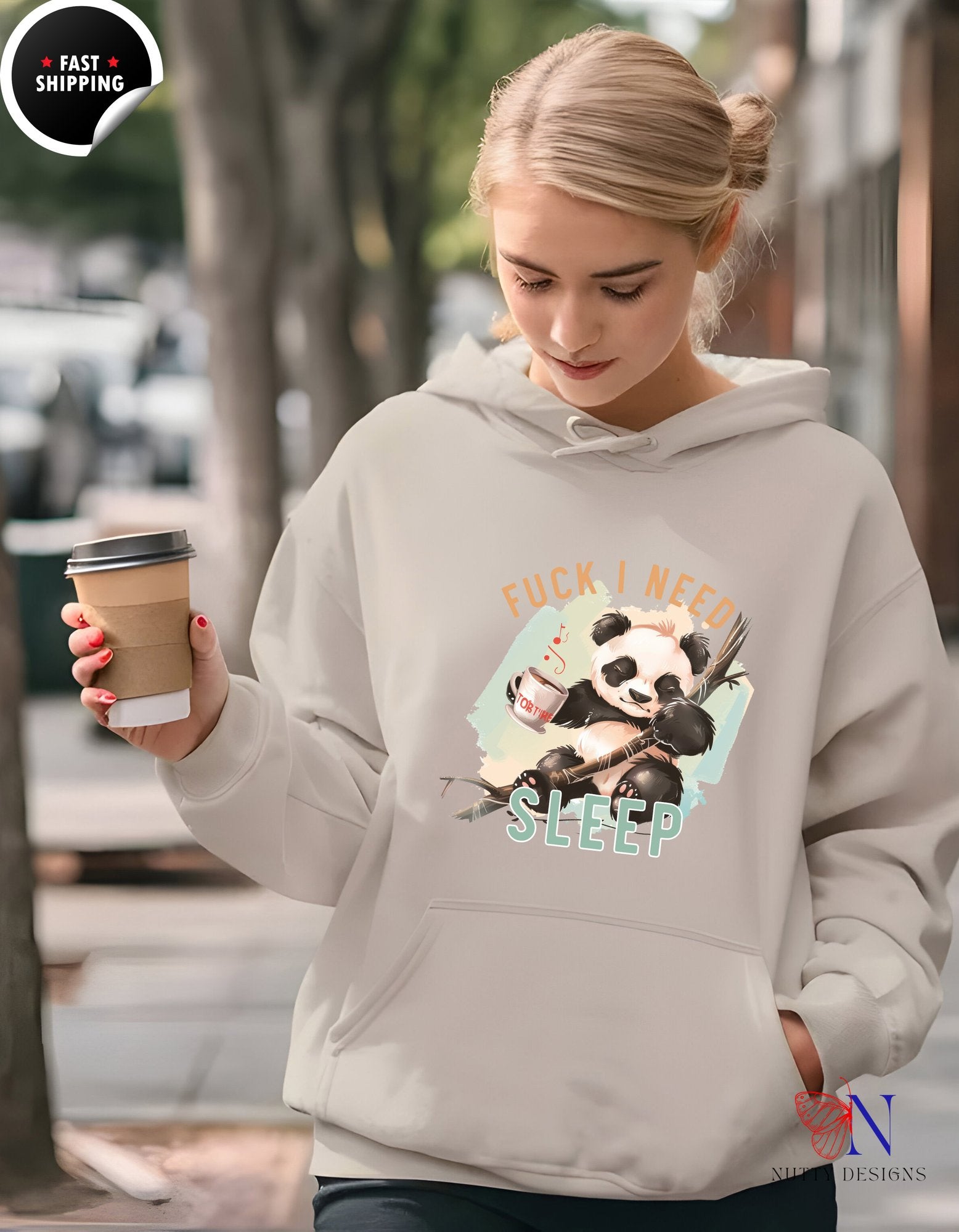 Sleep-Deprived Panda Hoodie – Funny "Fuck I Need Sleep" Grap - Hoodies-Sweatshirts_Sand Hoodie