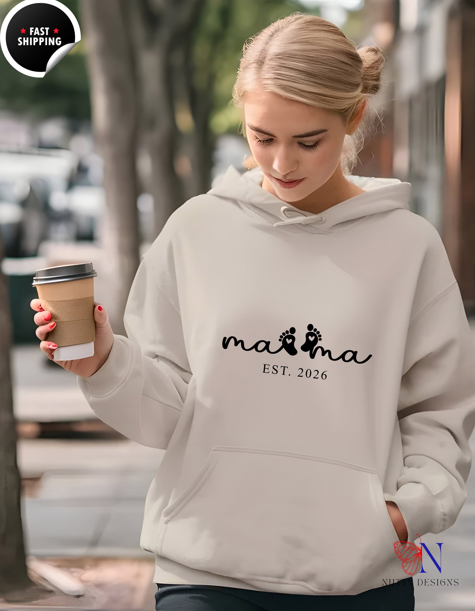 Mama Est 2026 Baby Footprints hoodie lifestyle mockup - Mother's Day gift