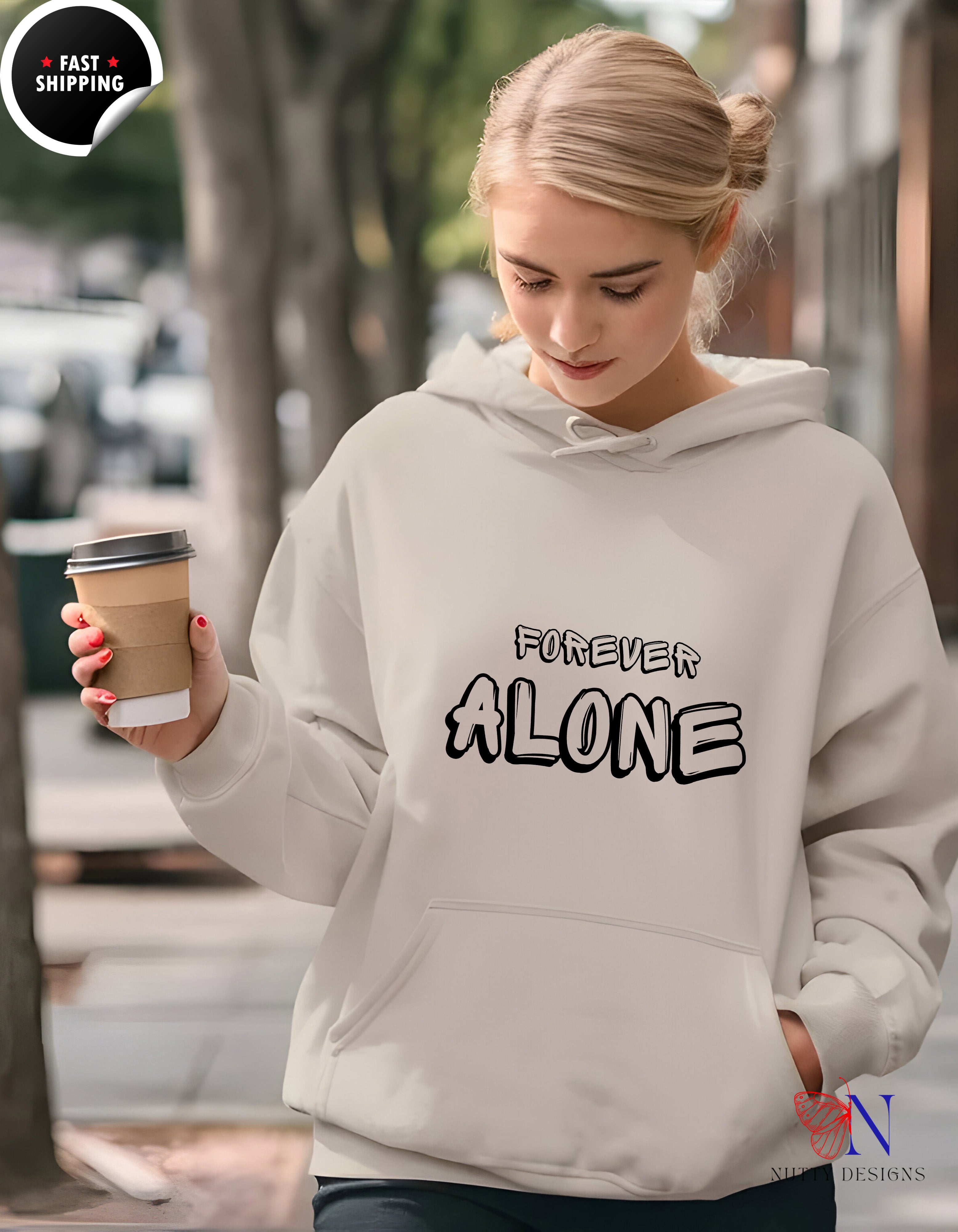 Forever Alone Hoodie – Minimalist White Graphic Pullover - Hoodies-Sweatshirts_Sand Hoodie