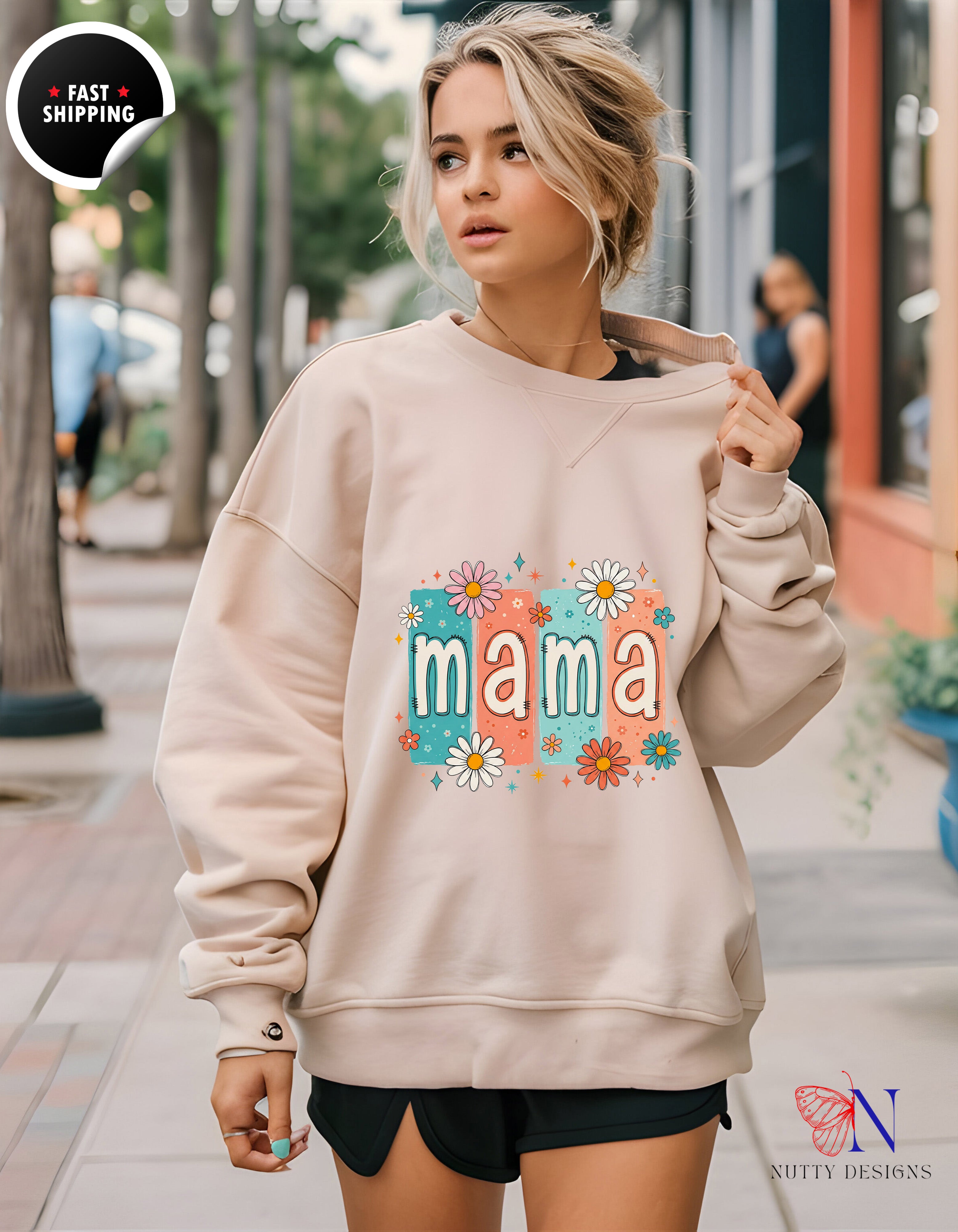 Retro Floral Mama Daisy hoodie lifestyle mockup - Mother's Day gift