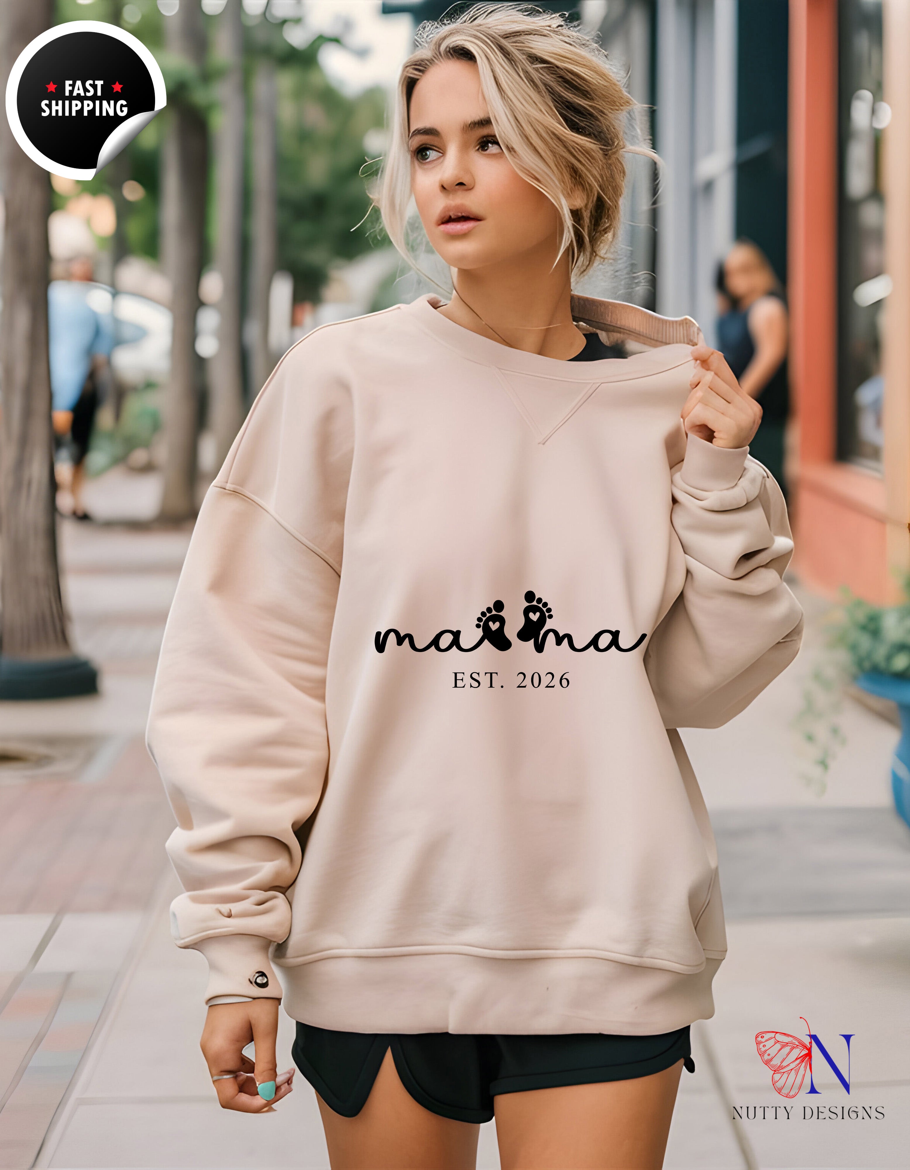 Mama Est 2026 Baby Footprints hoodie lifestyle mockup - Mother's Day gift