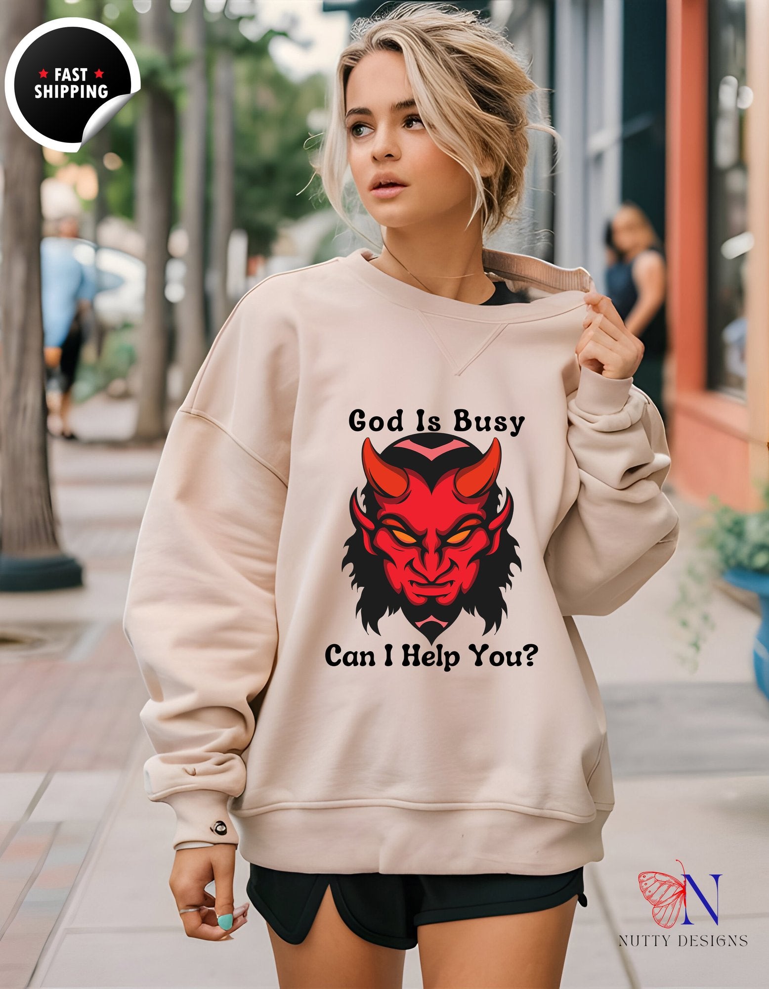 Heavy Blend™ Hooded God Is Busy Can I Help You? Sweatshirt - Hoodies-Sweatshirts_Sand Sweatshirt-W