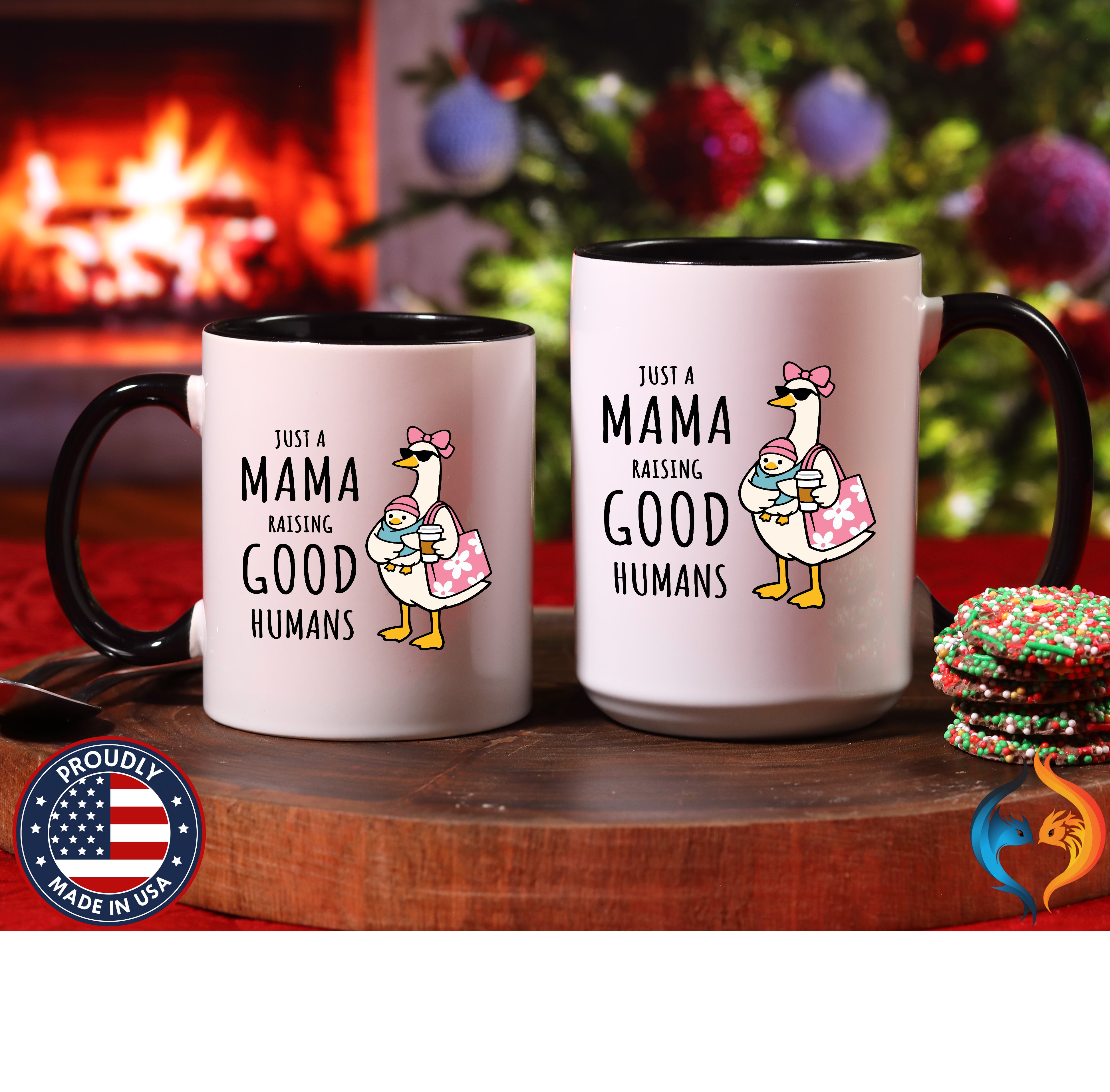 Just A Mama Raising Good Humans Mom Goose coffee mug duo mockup - Mother's Day gift
