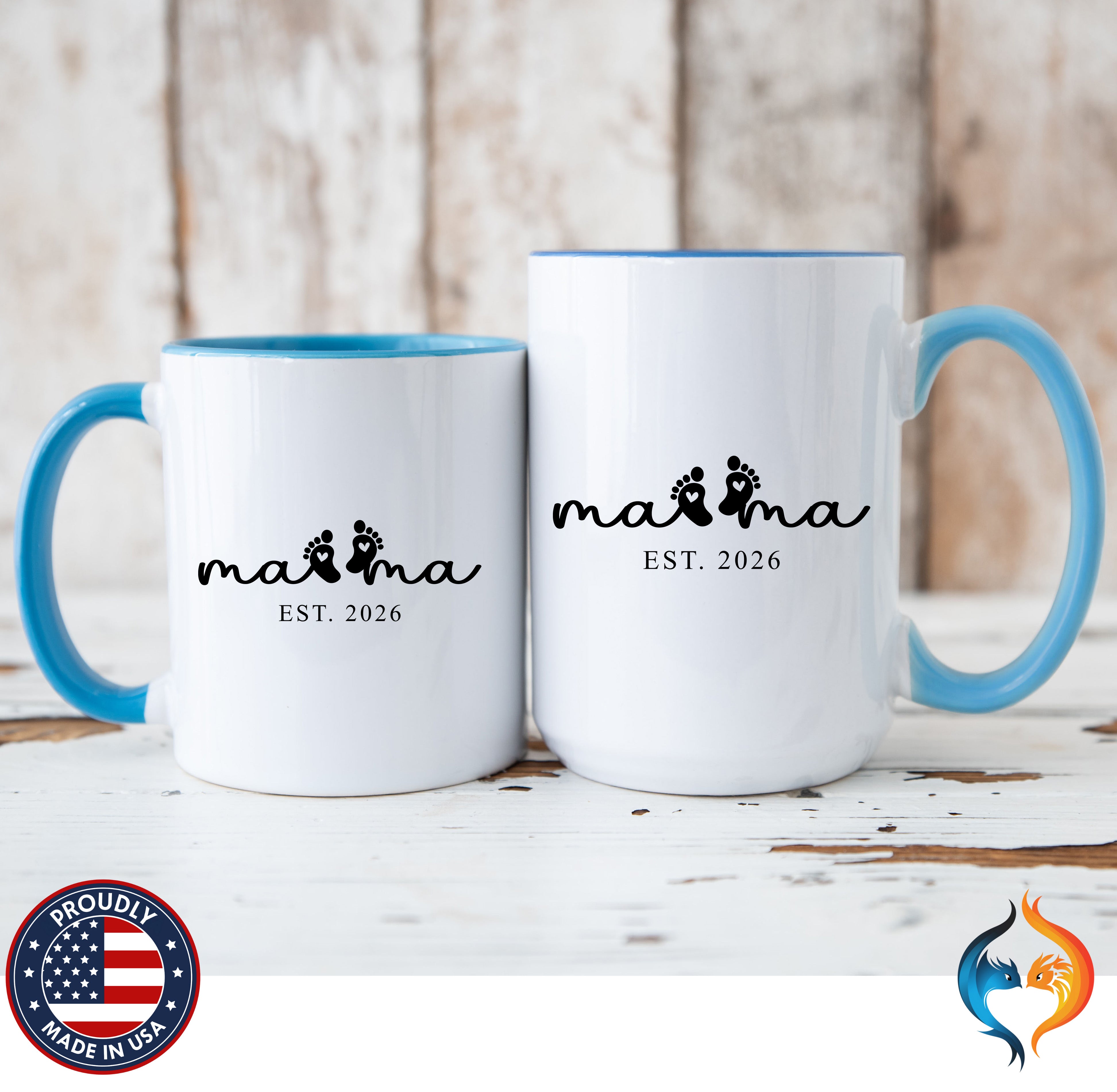 Mama Est 2026 Baby Footprints coffee mug duo mockup - Mother's Day gift