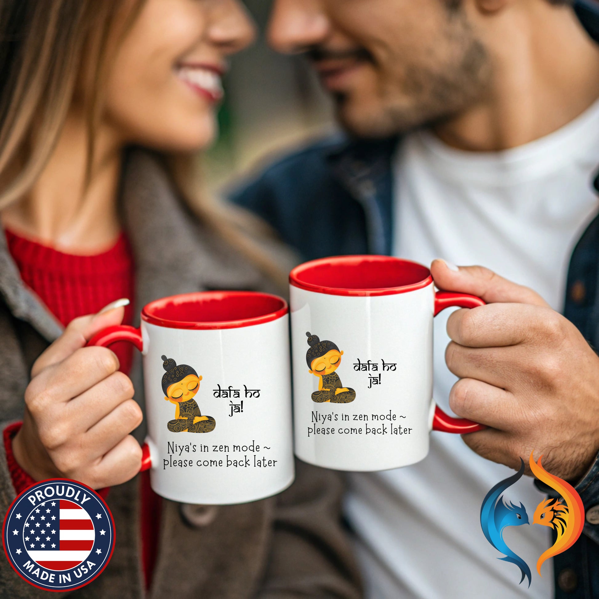 Personalized desi coffee mug, 'Dafa Ho Ja', Funny Indian Pak - Mugs-Double_Young Couple-Red