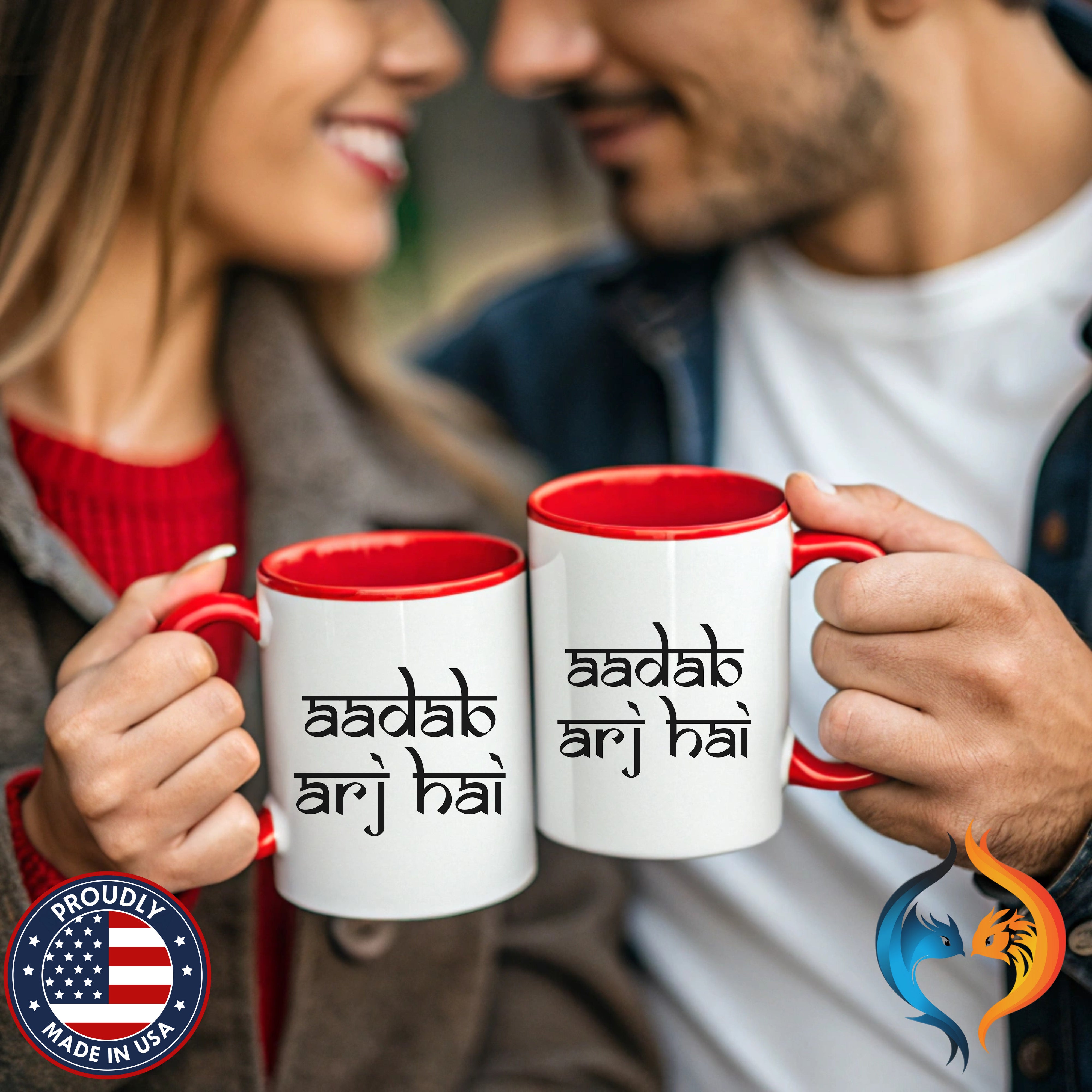 Desi Roots Mug Aadab Arj Hai Accent Cup (), Indian, Pakistan - Mugs-Double_Young Couple-Red