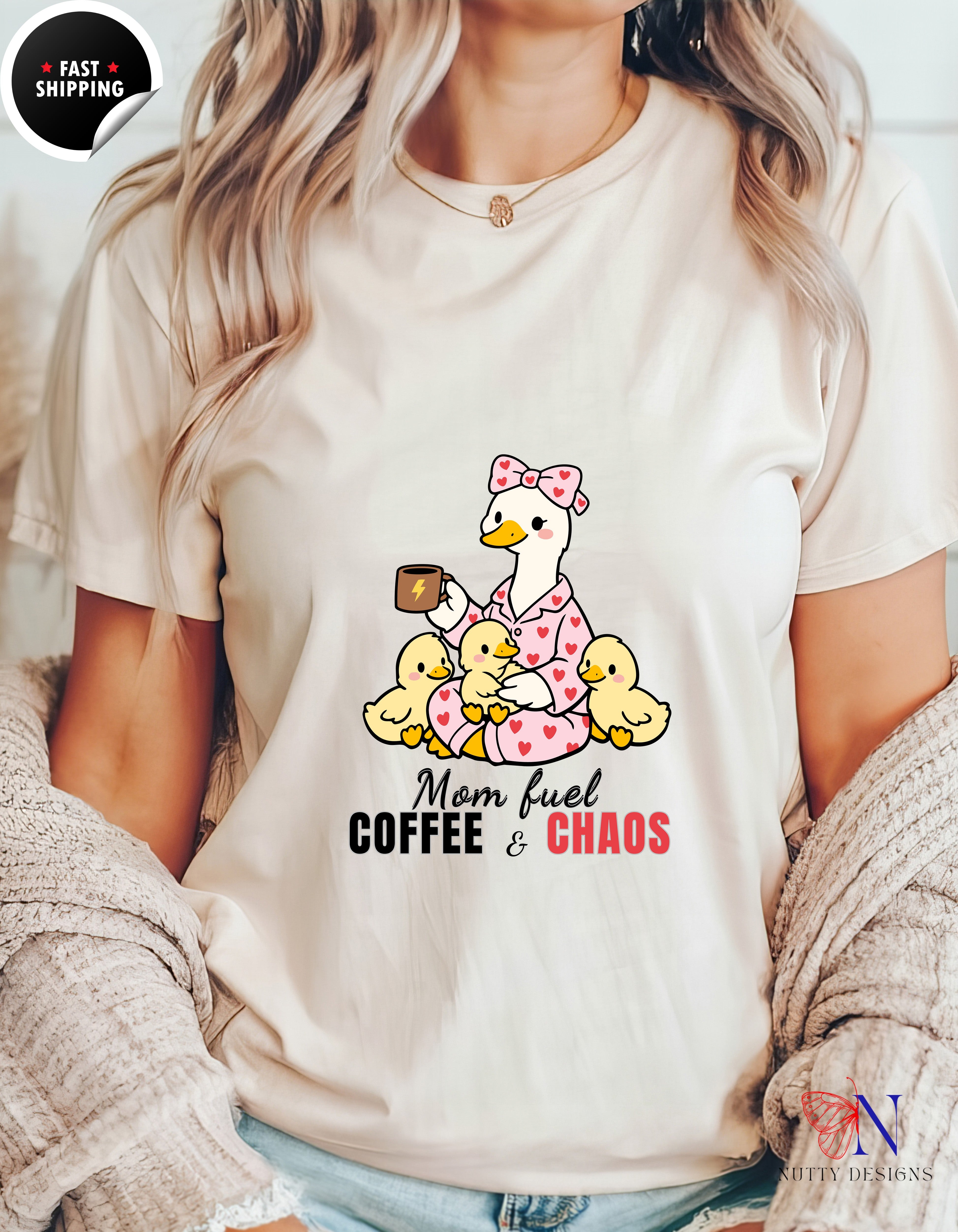 Mom Fuel Coffee And Chaos Mama Duck t-shirt lifestyle mockup - Mother's Day gift