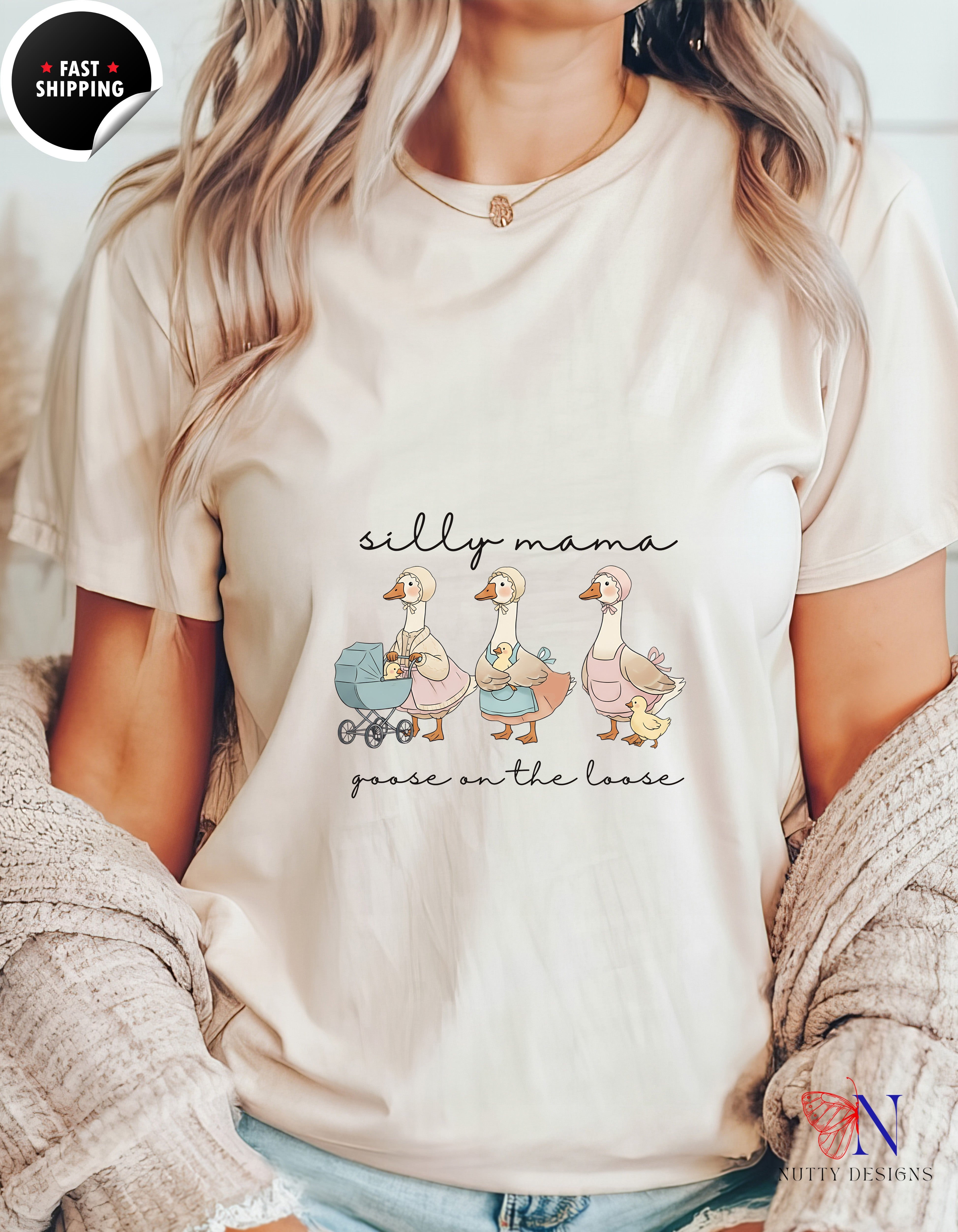Silly Mama Goose On The Loose t-shirt lifestyle mockup - Mother's Day gift