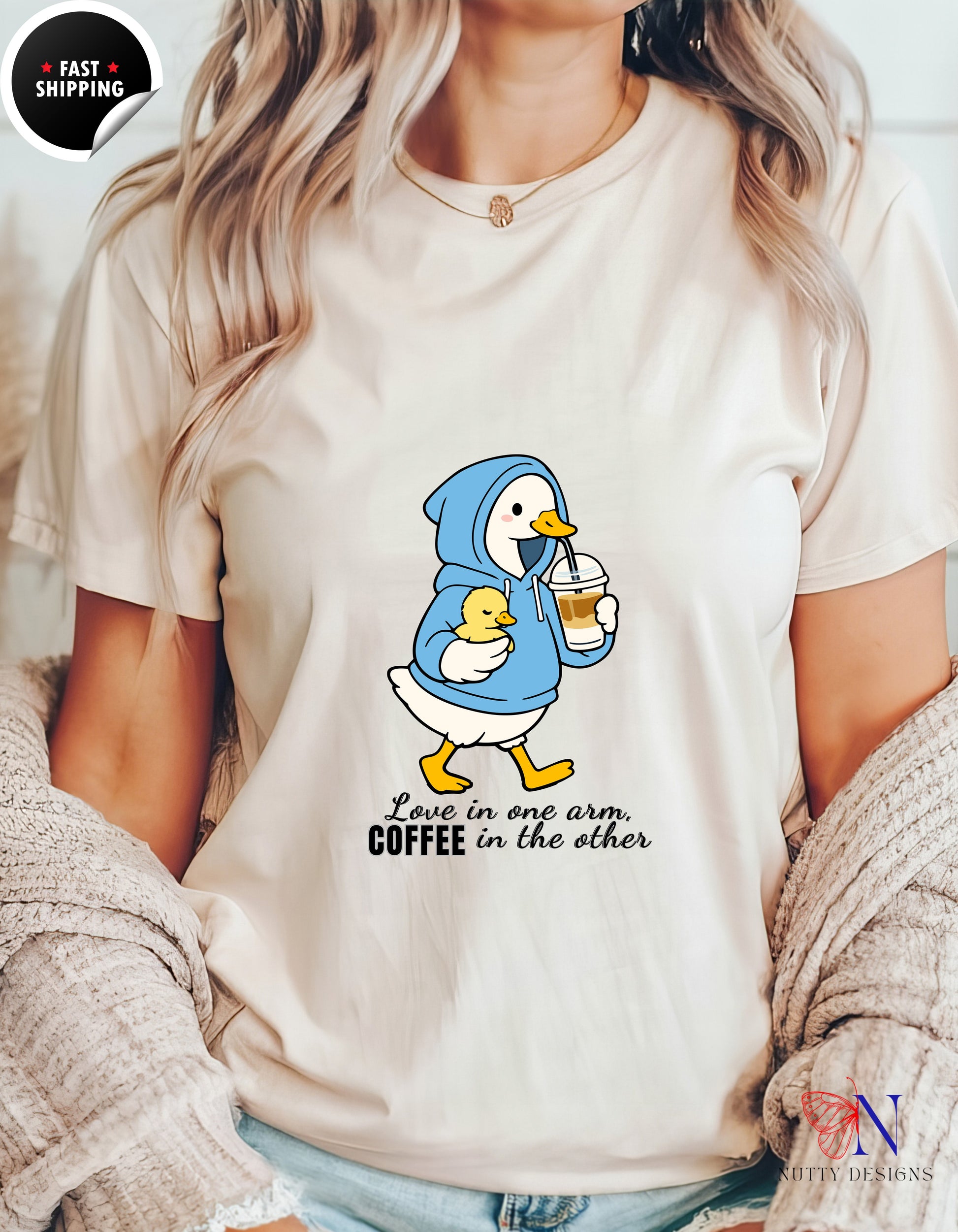 Love In One Arm Coffee In The Other Mama Duck t-shirt lifestyle mockup - Mother's Day gift