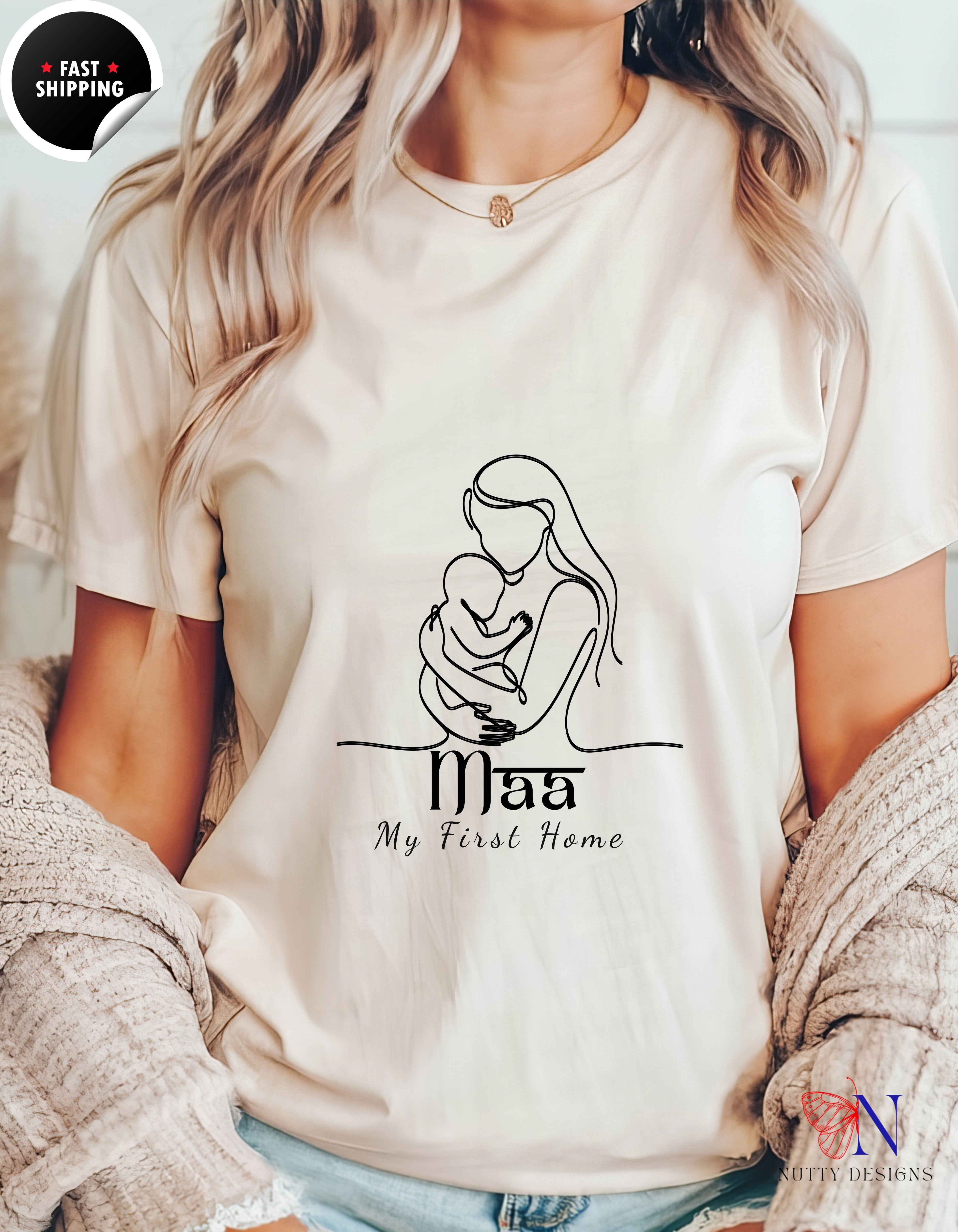 Maa My First Home Desi Mom Line Art t-shirt lifestyle mockup - Mother's Day gift