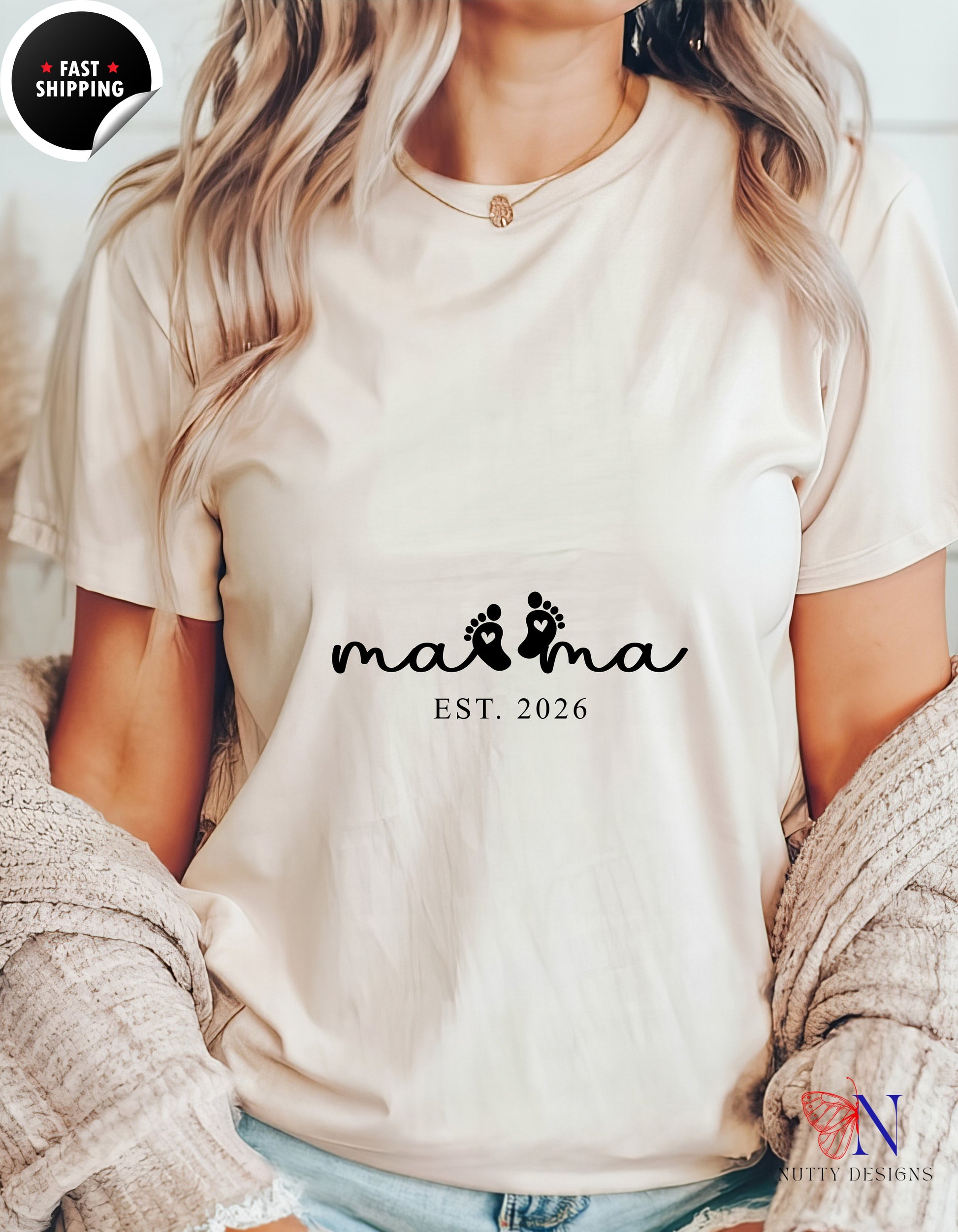 Mama Est 2026 Baby Footprints t-shirt lifestyle mockup - Mother's Day gift