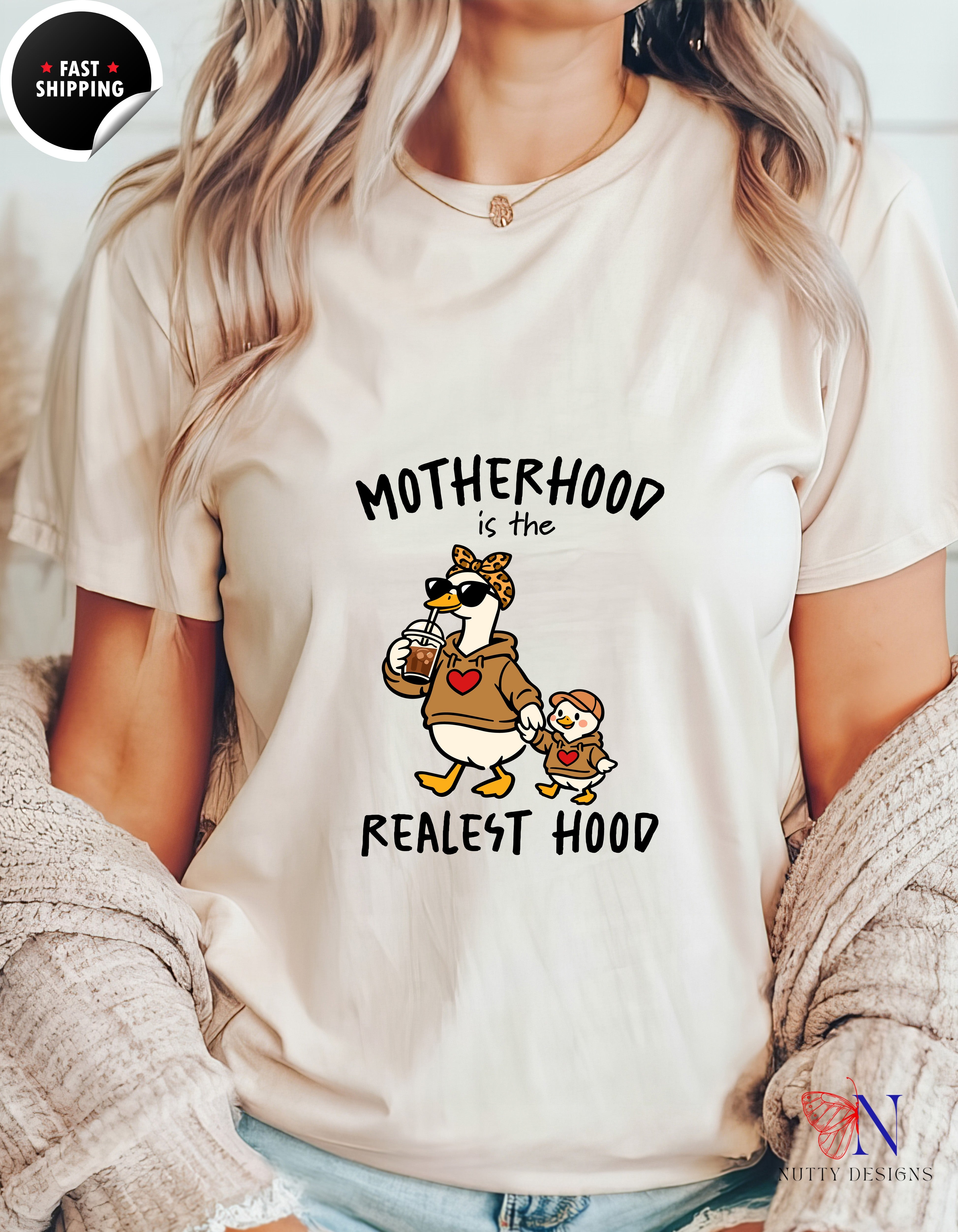Motherhood Is The Realest Hood Mom Goose t-shirt lifestyle mockup - Mother's Day gift