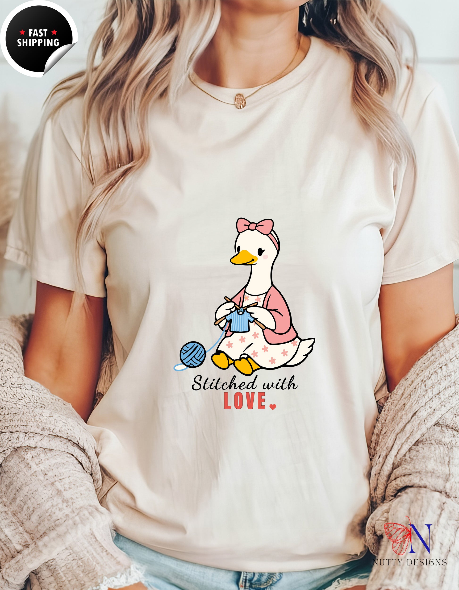 Stitched With Love Mama Goose Knitting t-shirt lifestyle mockup - Mother's Day gift