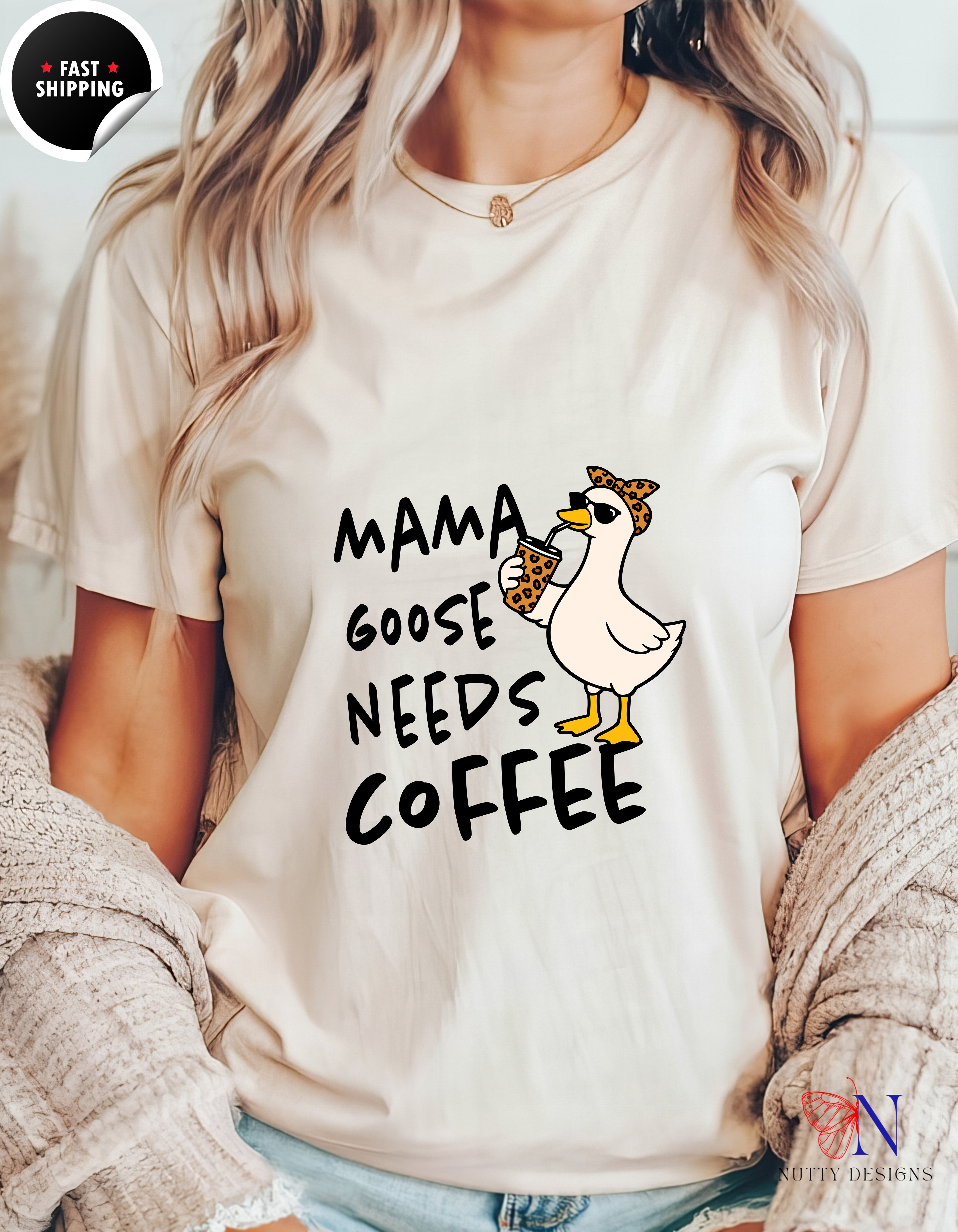 Mama Goose Needs Coffee t-shirt lifestyle mockup - Mother's Day gift