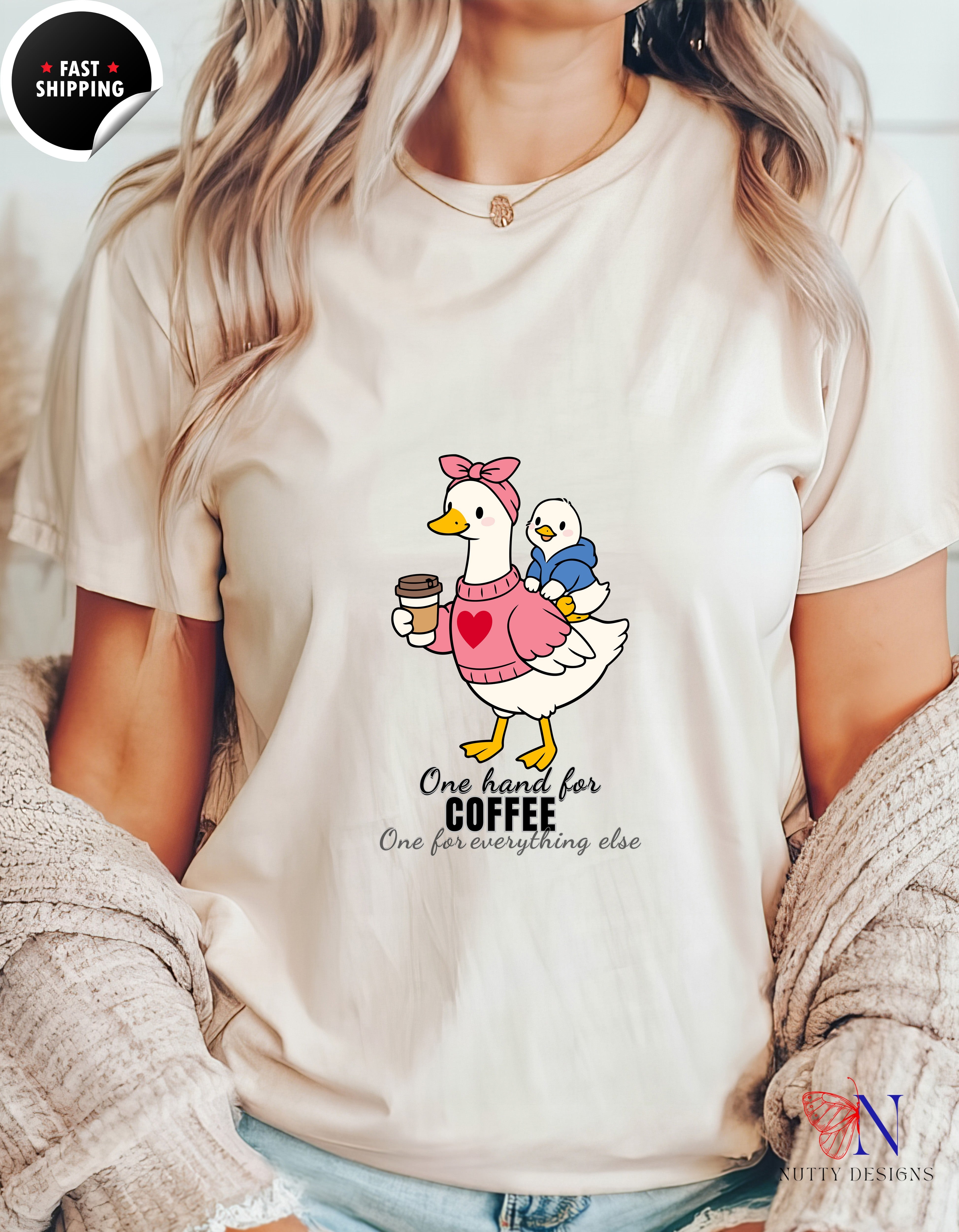 One Hand For Coffee One For Everything Else Mama Duck t-shirt lifestyle mockup - Mother's Day gift
