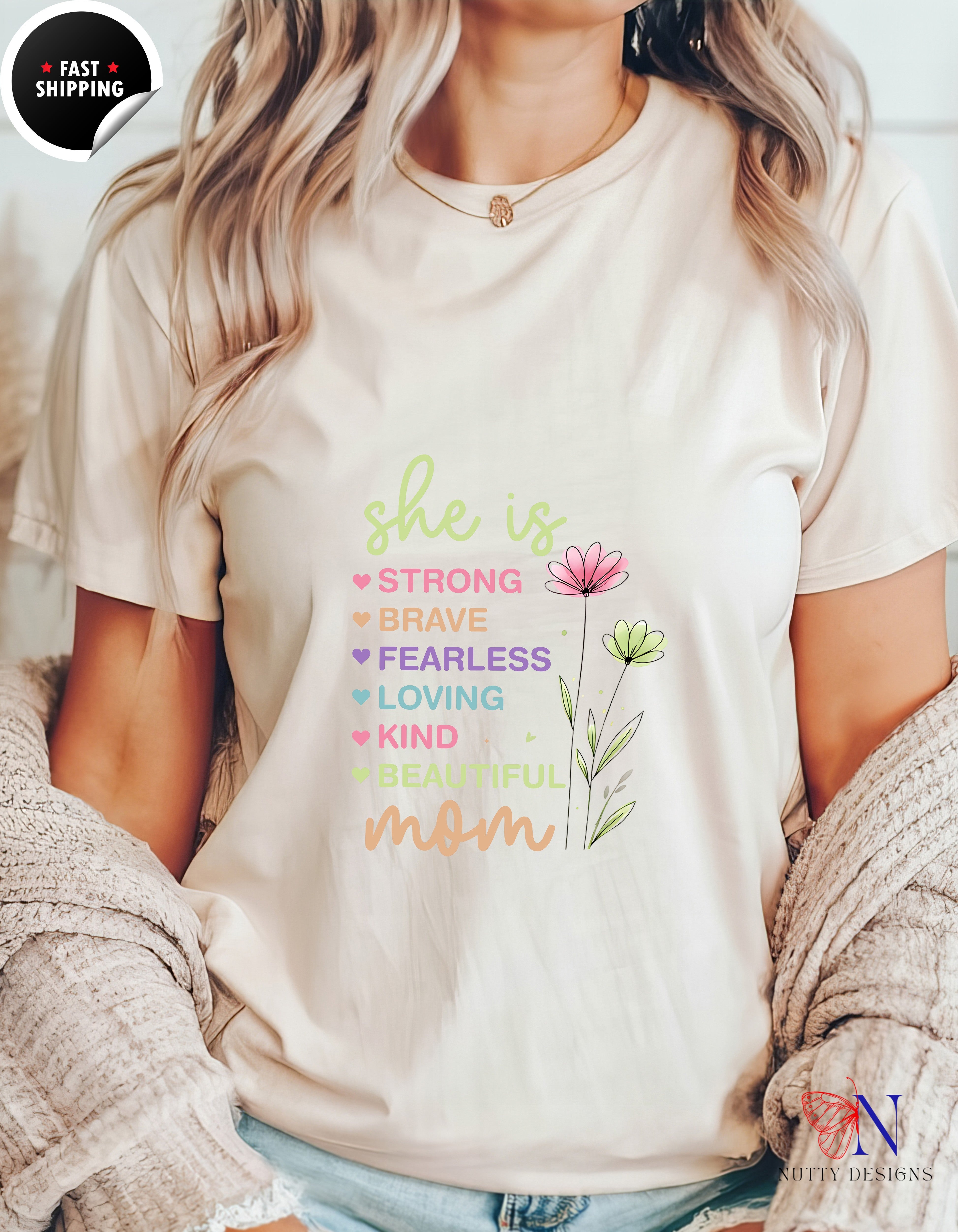 She Is Strong Mom Wildflower Garden t-shirt lifestyle mockup - Mother's Day gift