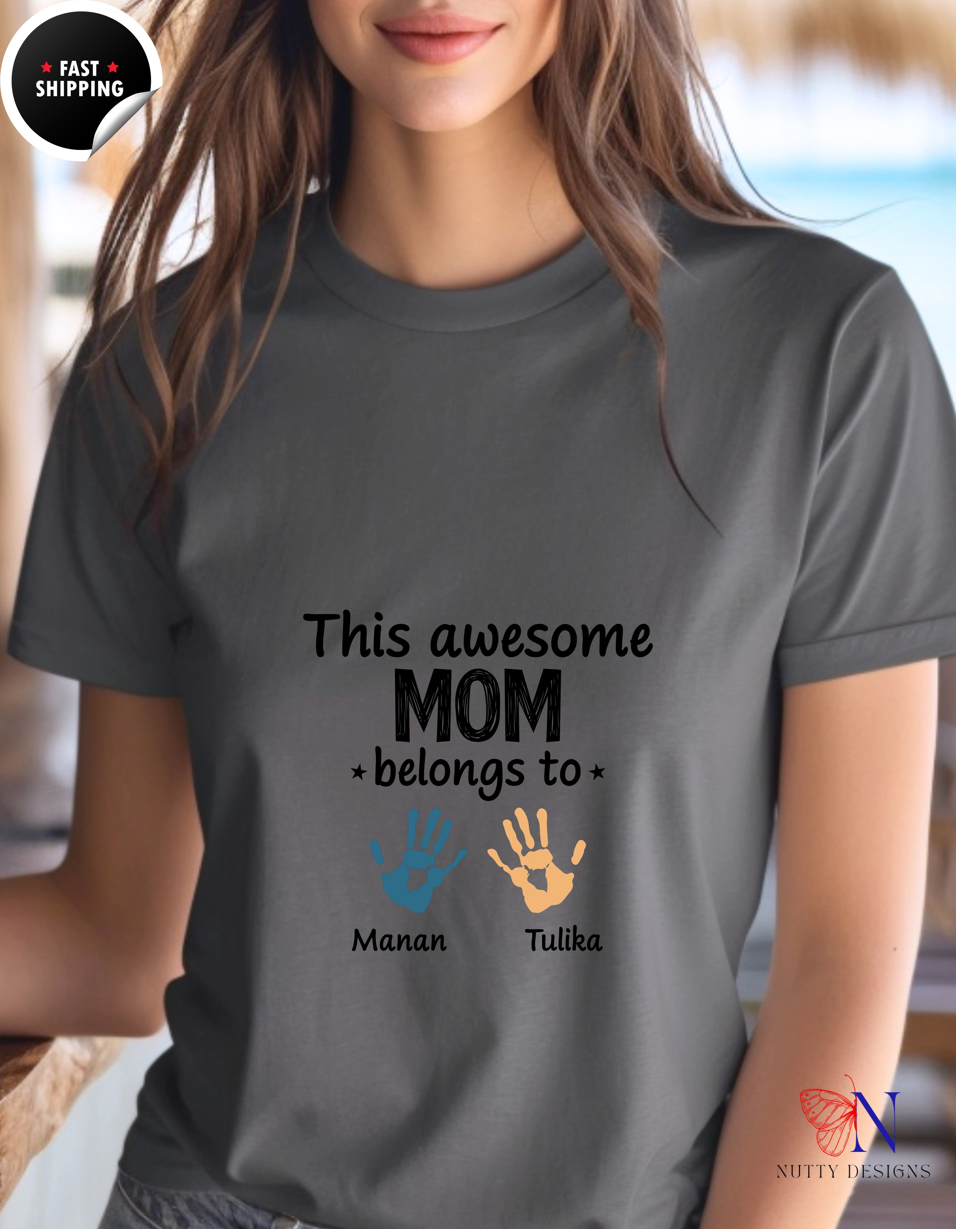 This Awesome Mom Belongs To Personalized 2 Names t-shirt lifestyle mockup - Mother's Day gift